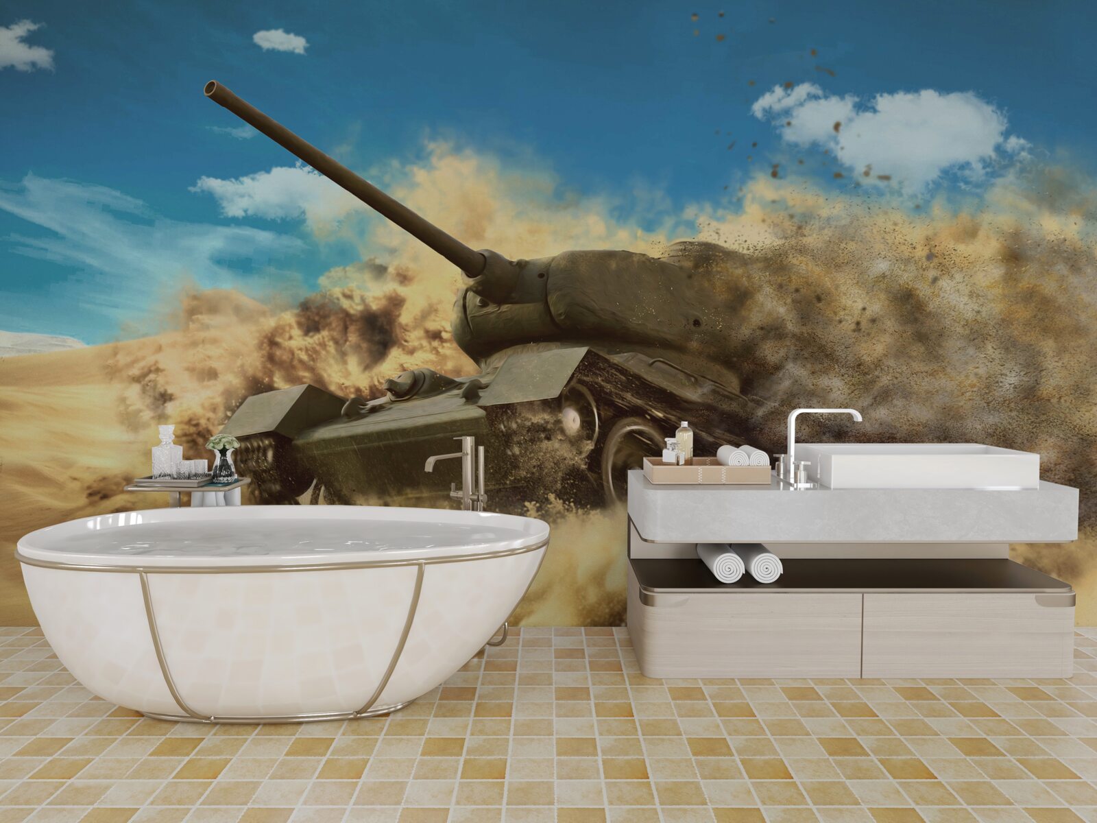 Fototapeten Ein Tank bewegt sich auf der sandigen Oberfläche