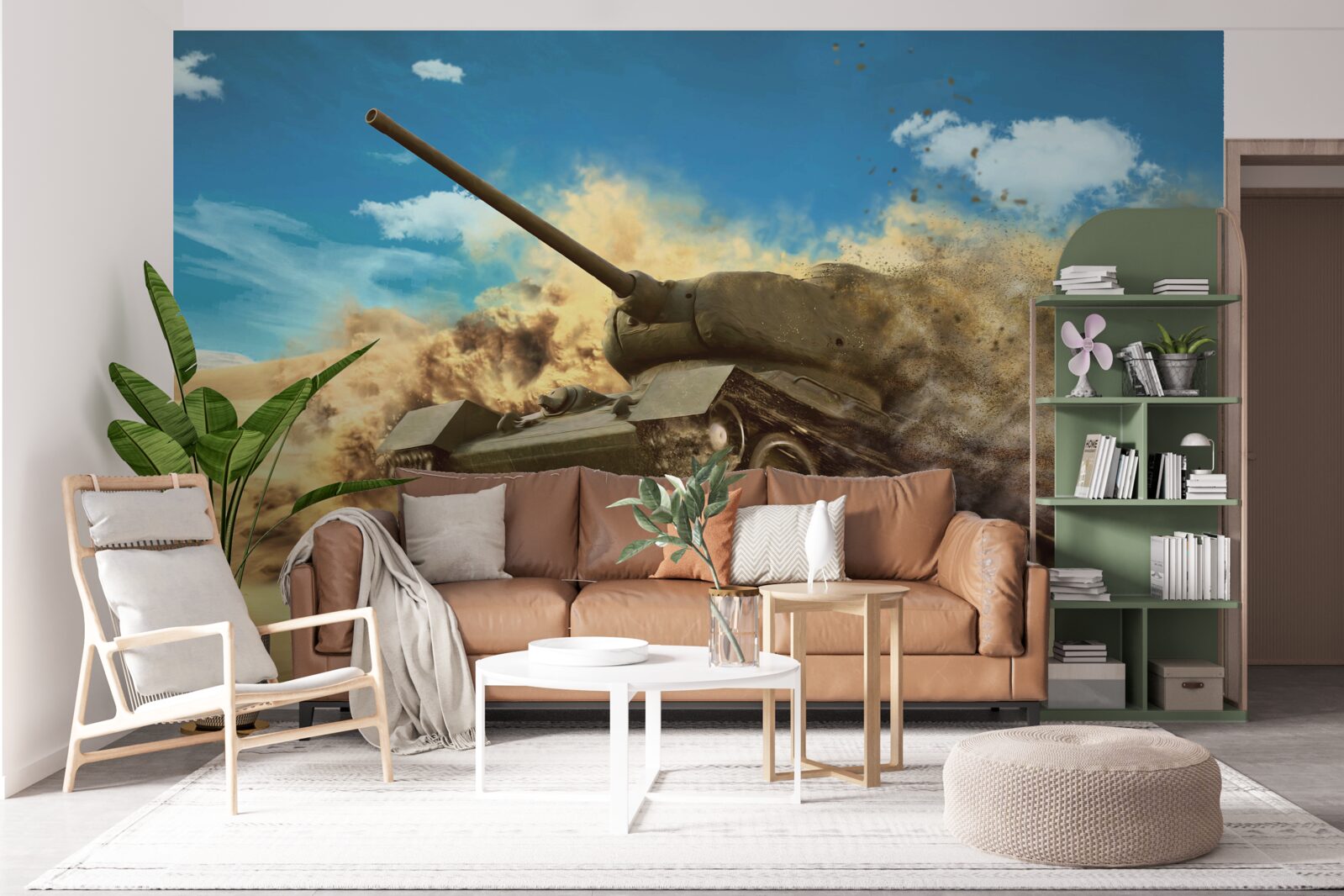 Fototapeten Ein Tank bewegt sich auf der sandigen Oberfläche