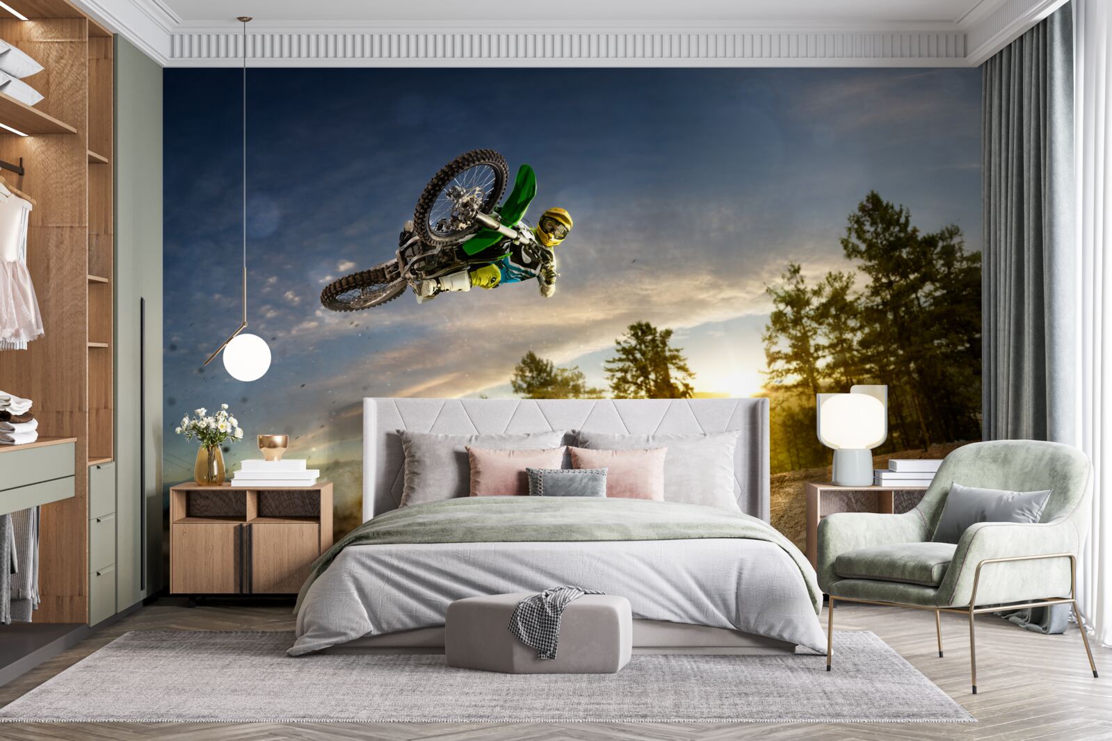 Fototapeten Bei Sonnenuntergang auf ein Motorrad springen