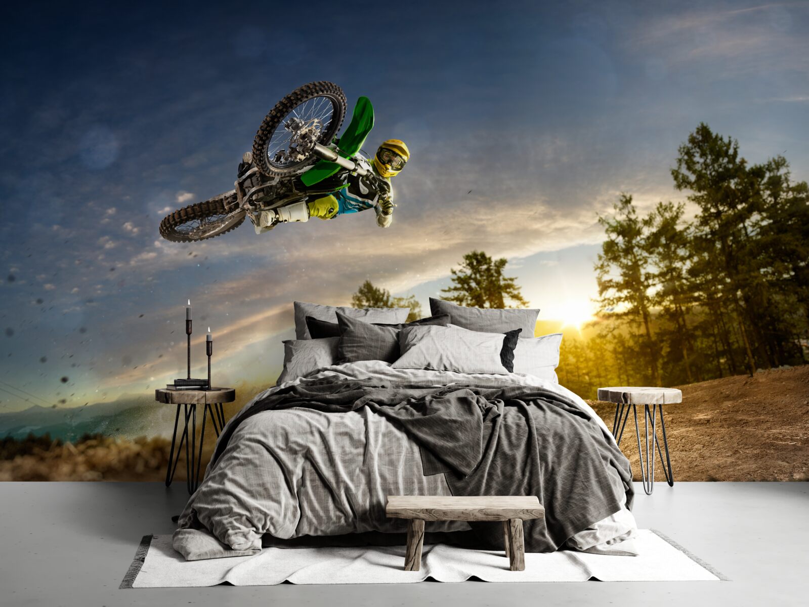 Fototapeten Bei Sonnenuntergang auf ein Motorrad springen