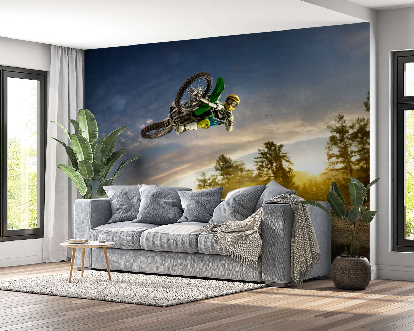 Fototapeten Bei Sonnenuntergang auf ein Motorrad springen