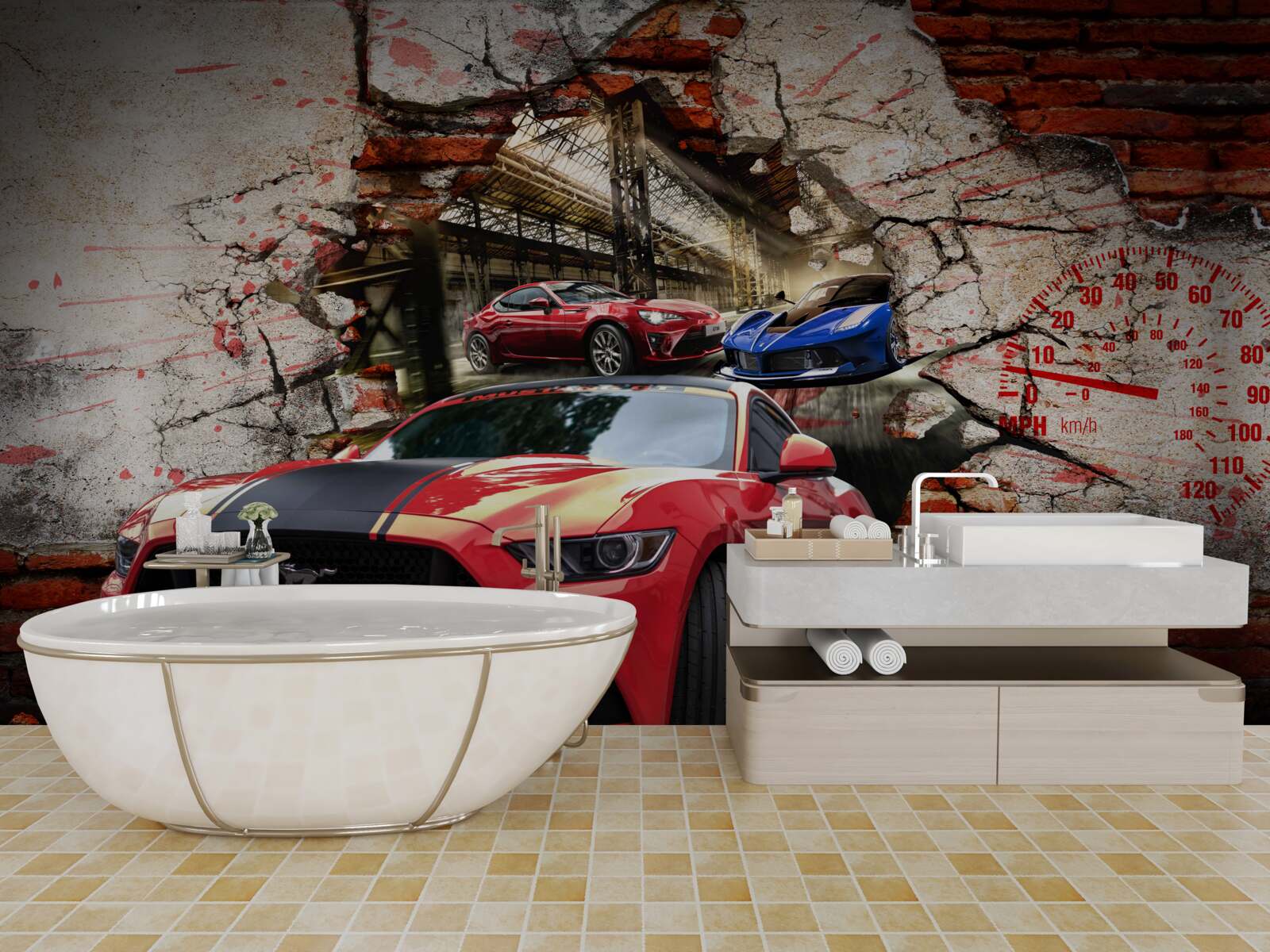 Fototapeten Roter Auto in der Wand