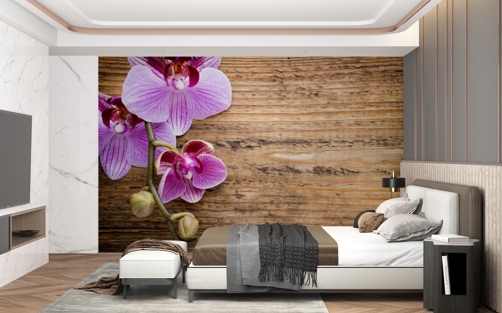 Fototapeten Lila Orchidee auf einem Baumstamm
