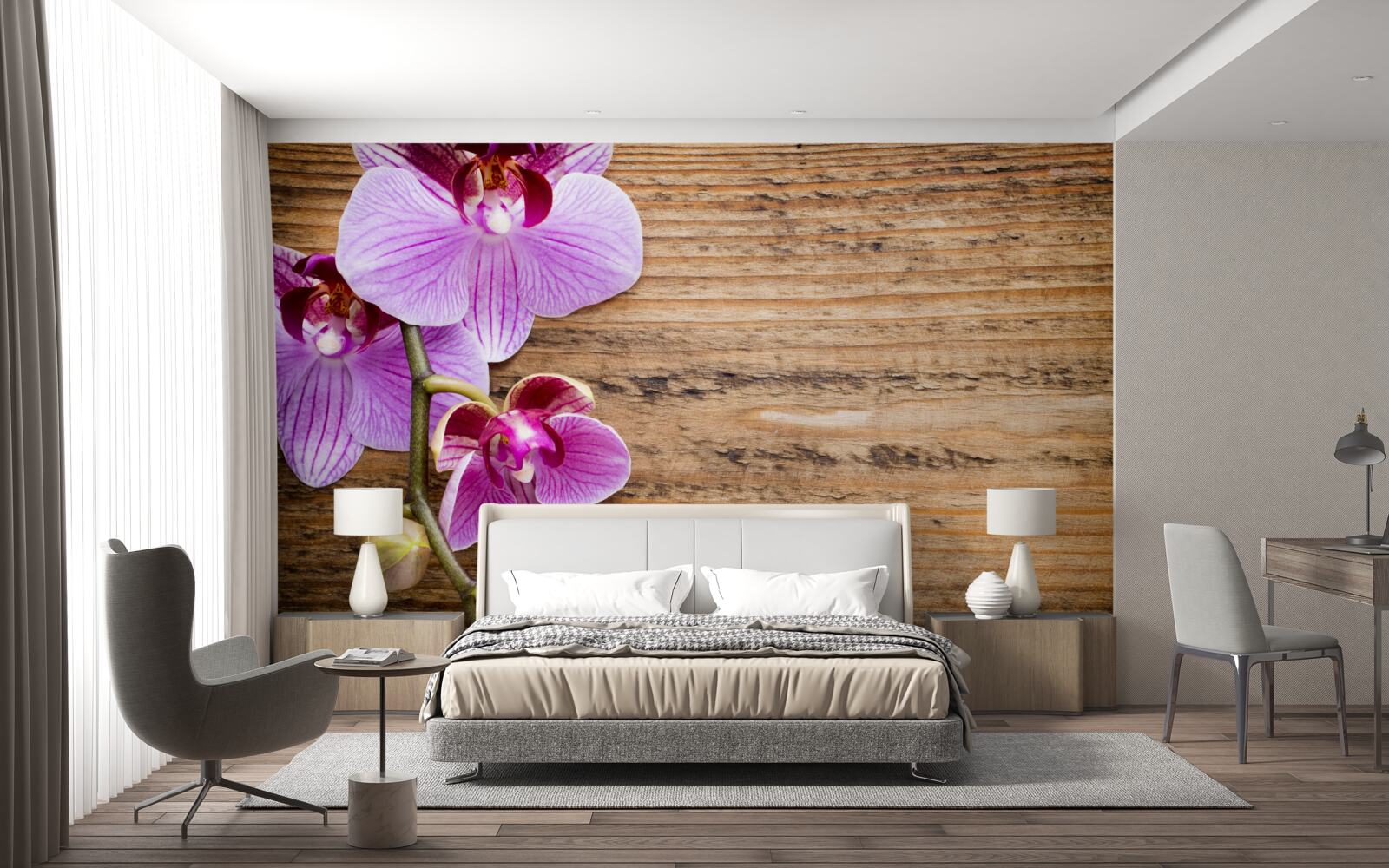 Fototapeten Lila Orchidee auf einem Baumstamm