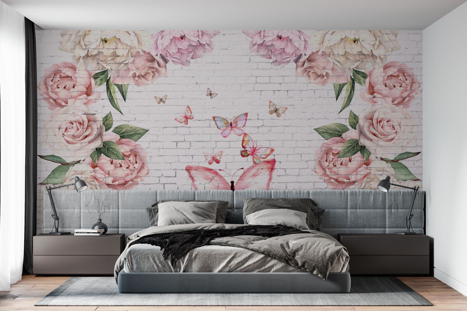 Fototapeten Schmetterling mit Blumen aus Chiffon dekoriert