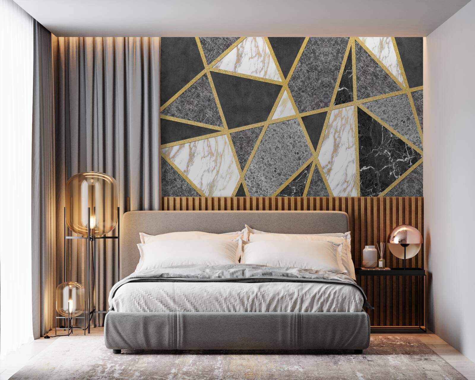Fototapeten Schwarz -Weiß -Mosaik mit goldenen Akzenten