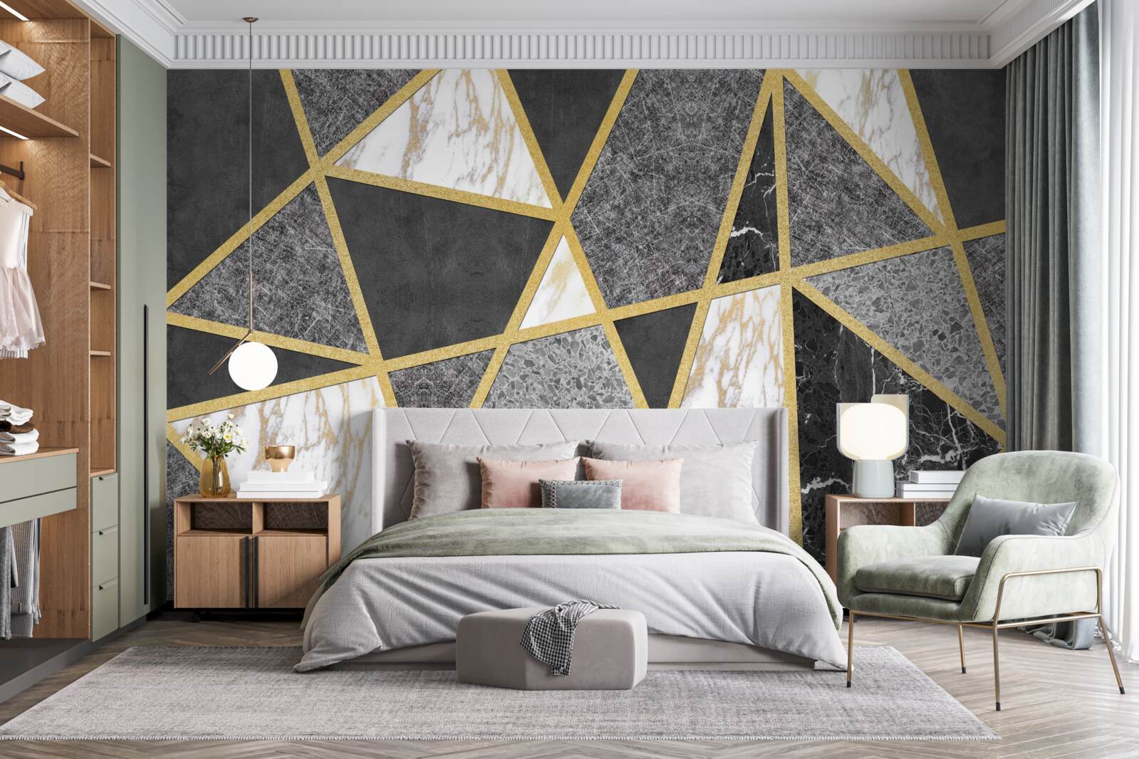 Fototapeten Schwarz -Weiß -Mosaik mit goldenen Akzenten