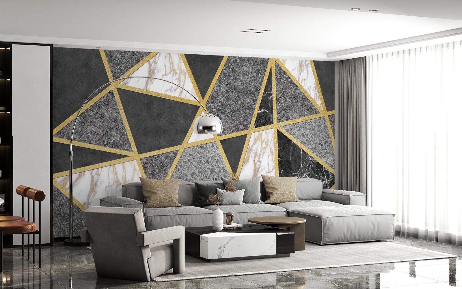 Fototapeten Schwarz -Weiß -Mosaik mit goldenen Akzenten