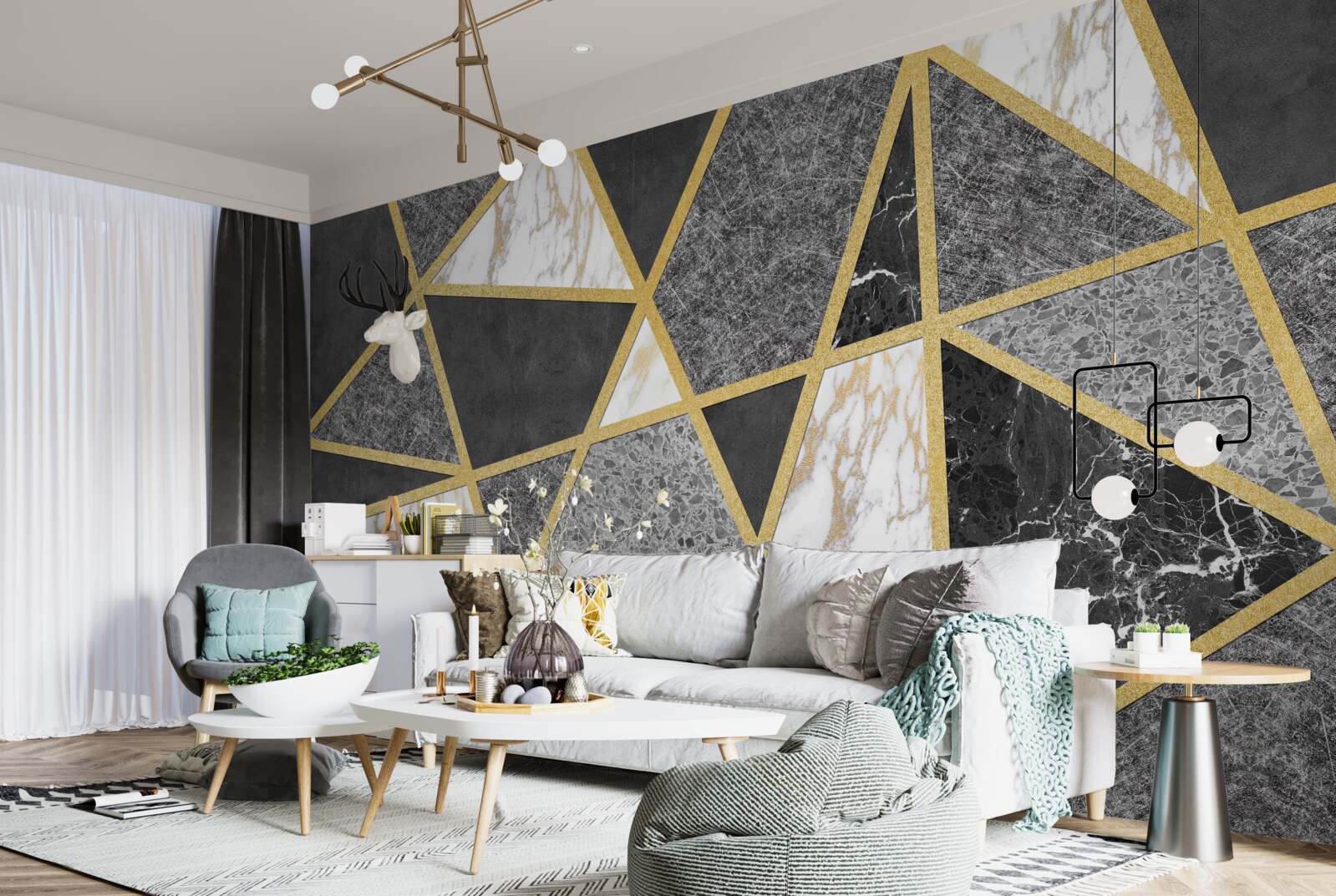 Fototapeten Schwarz -Weiß -Mosaik mit goldenen Akzenten