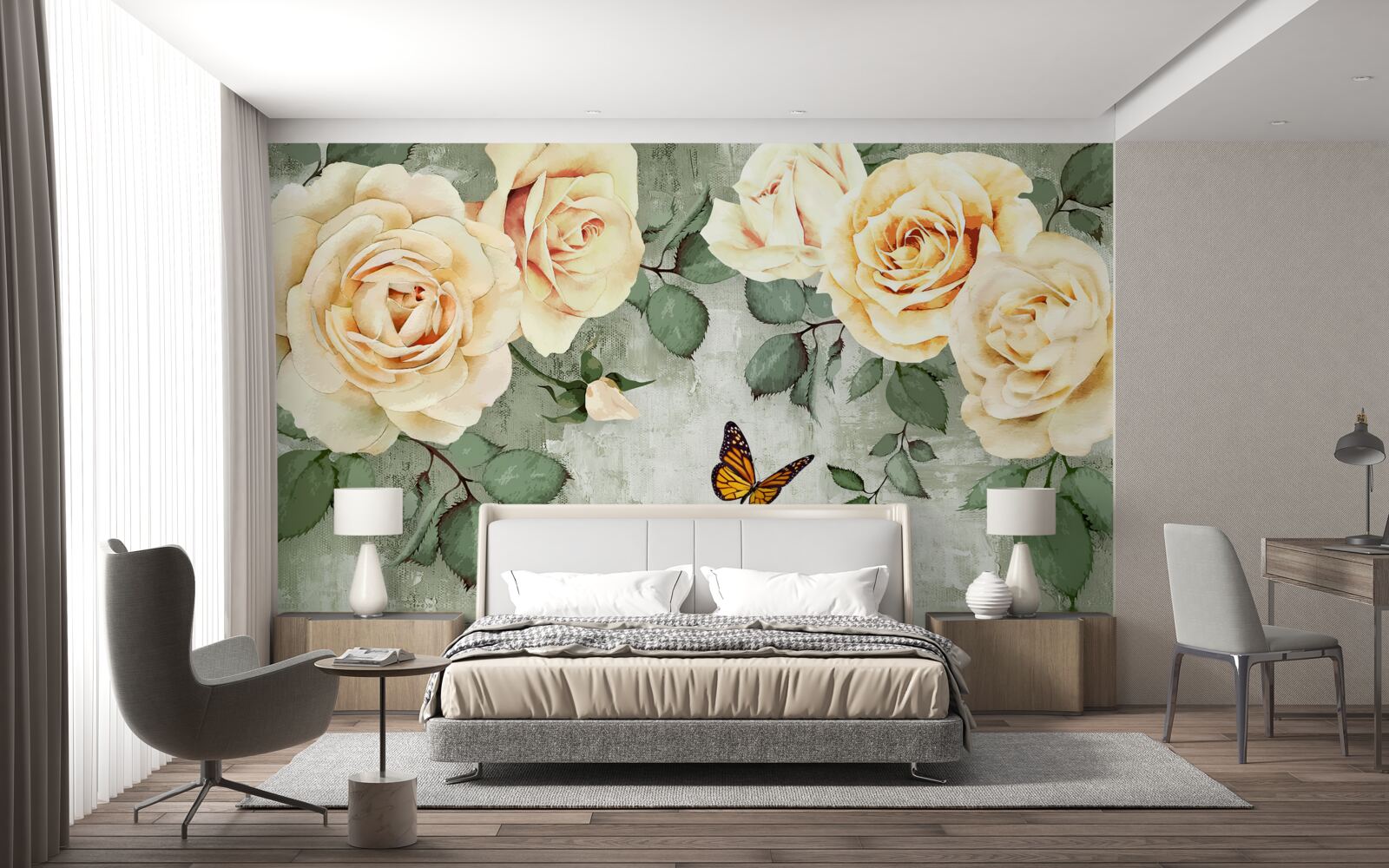 Fototapeten Cremige Rosen mit Schmetterlingen in der Nähe