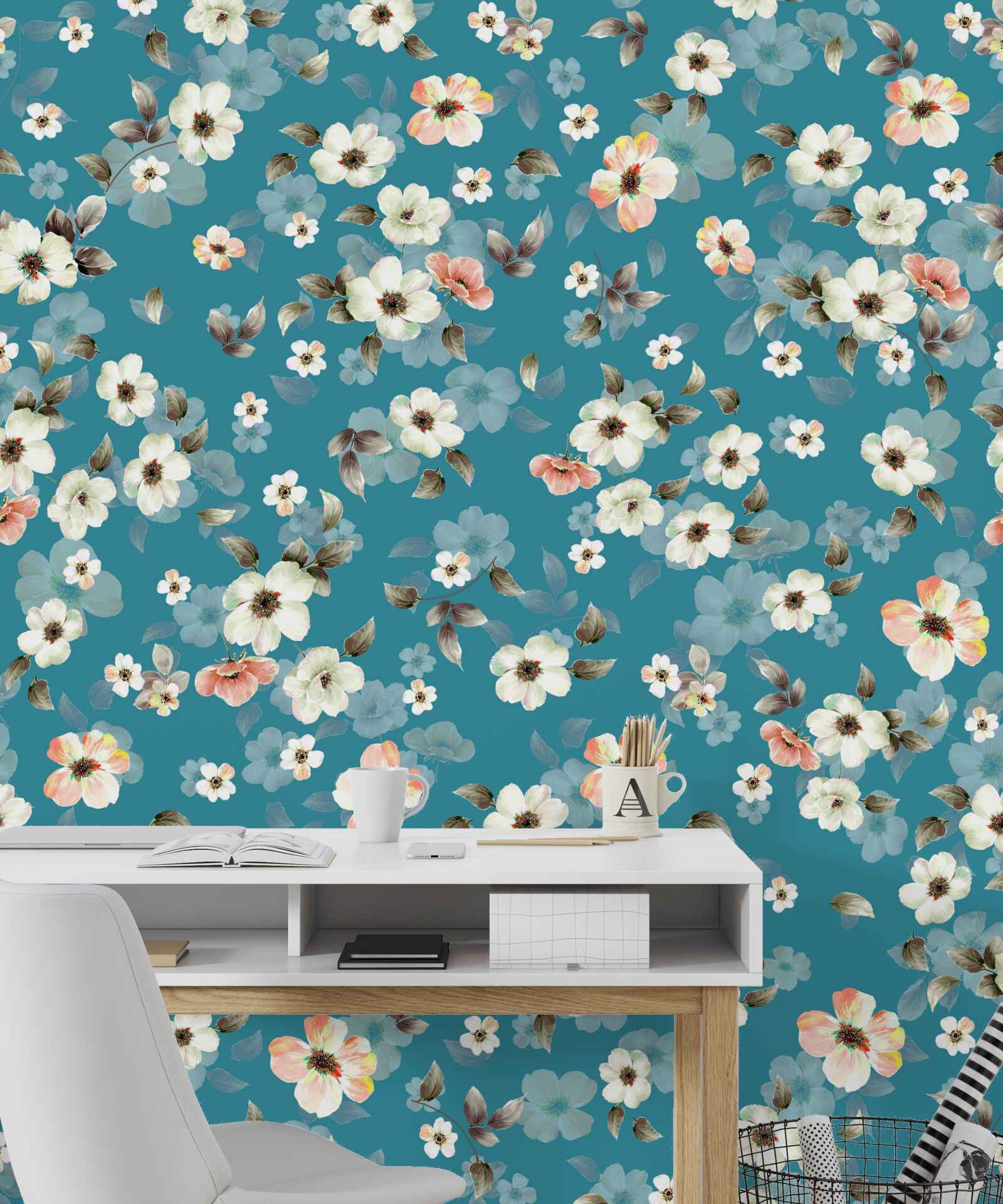 Fototapeten Kleine Blumen auf der blauen Basis
