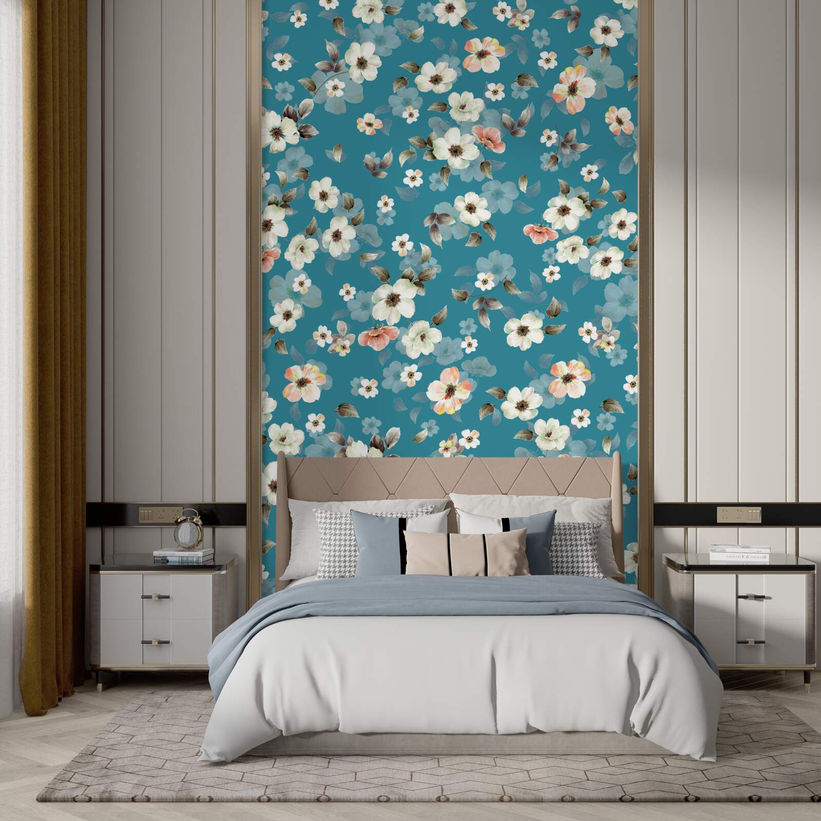 Fototapeten Kleine Blumen auf der blauen Basis