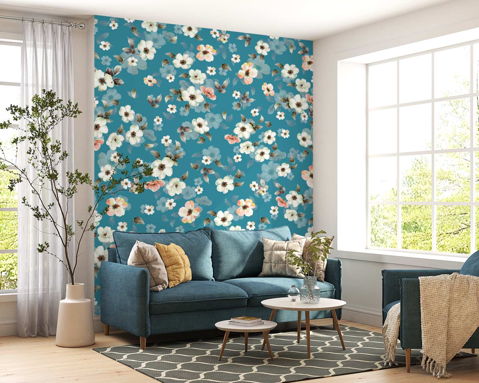 Fototapeten Kleine Blumen auf der blauen Basis