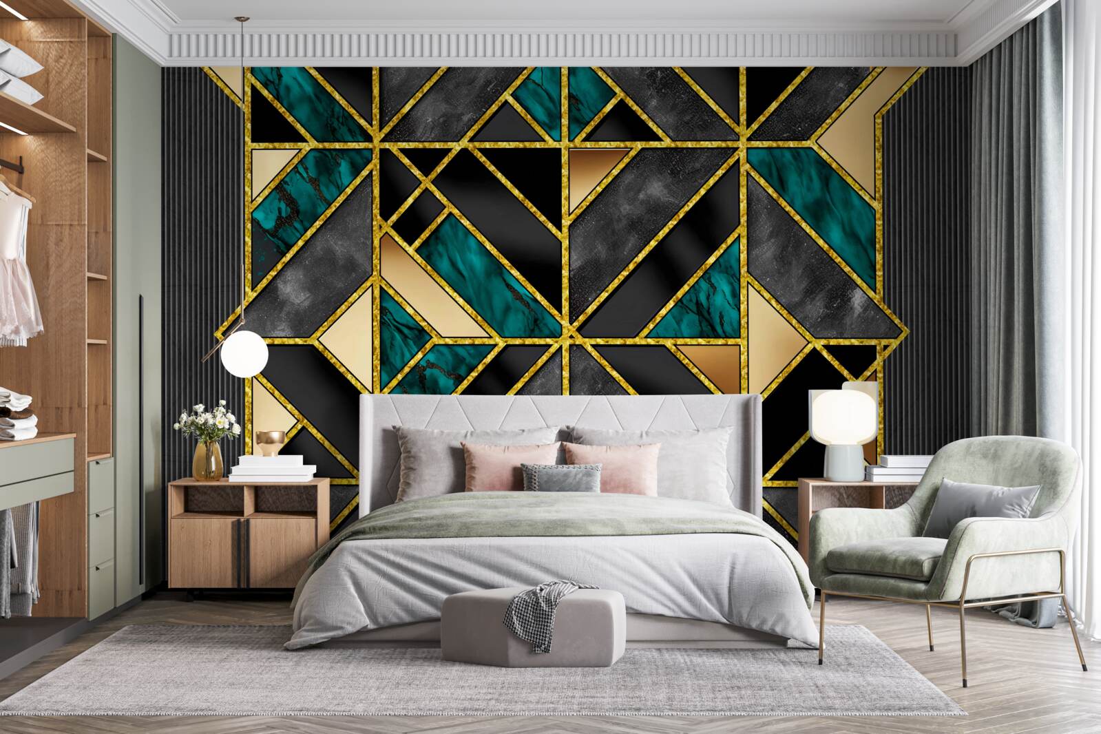 Fototapeten Hintergrund in einem geometrischen Stil in einem grauen Turquoise-Farbton