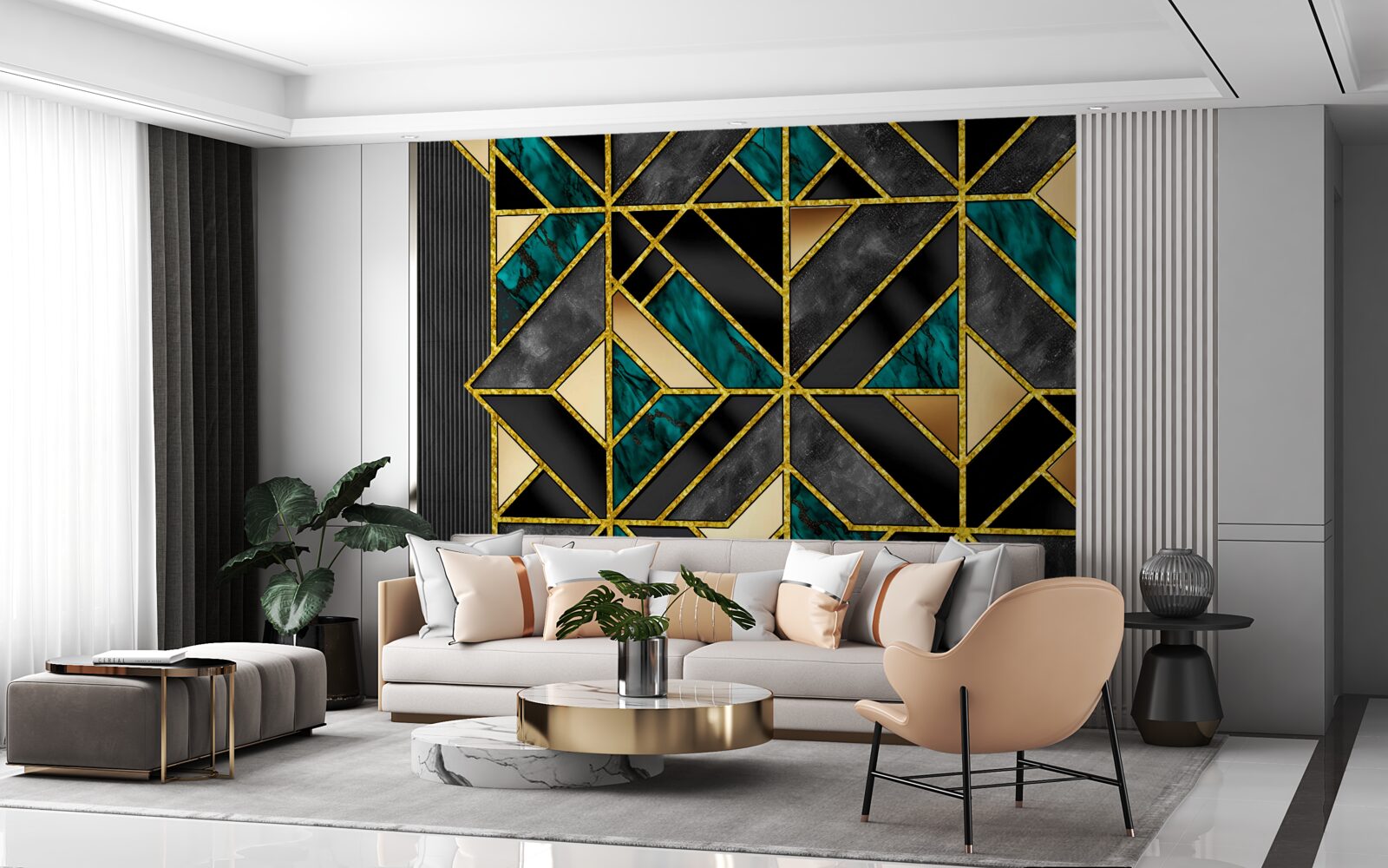 Fototapeten Hintergrund in einem geometrischen Stil in einem grauen Turquoise-Farbton