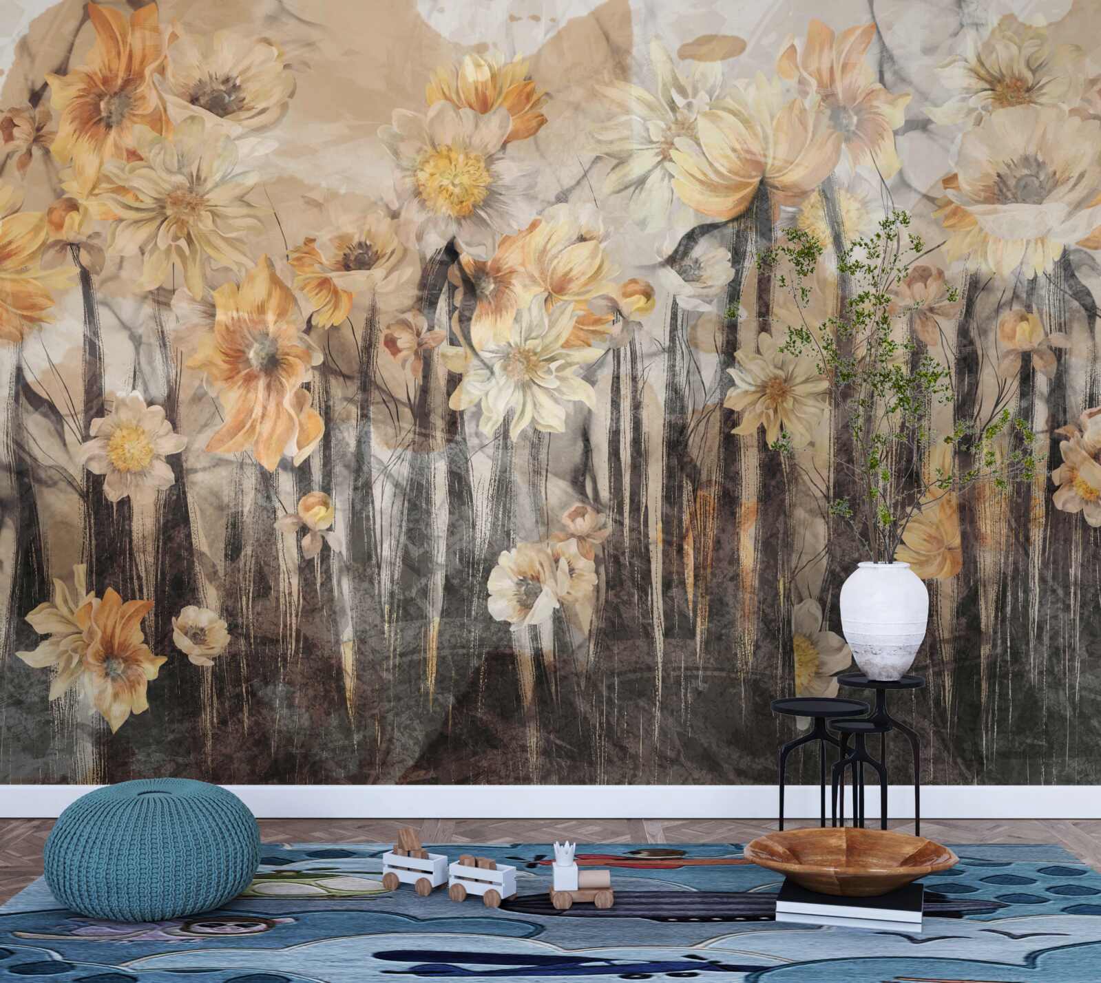 Fototapeten Blumen im Vintage -Stil auf grauem Hintergrund