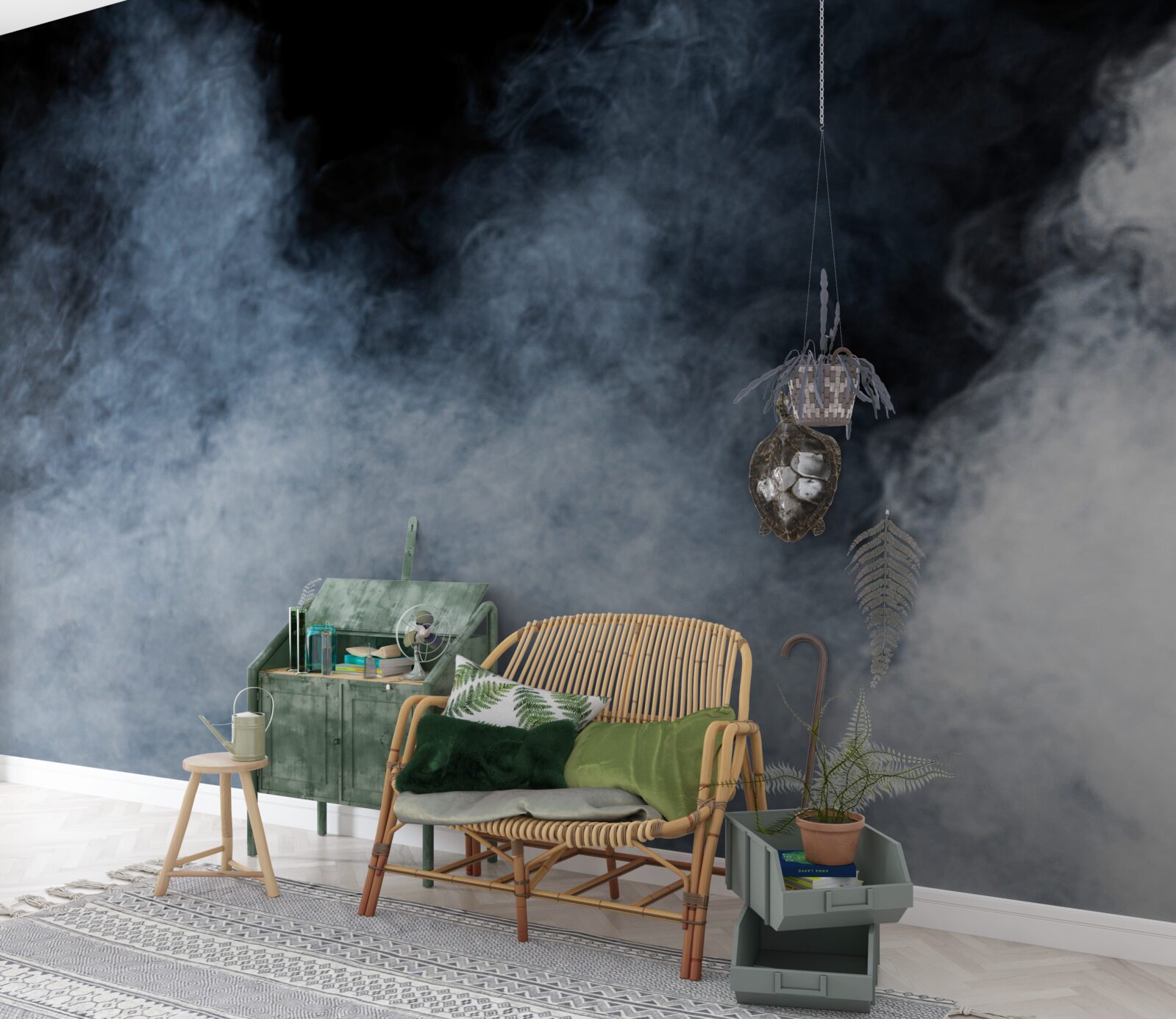 Fototapeten Dicker Nebel wurde in den Nachtwald umhüllt