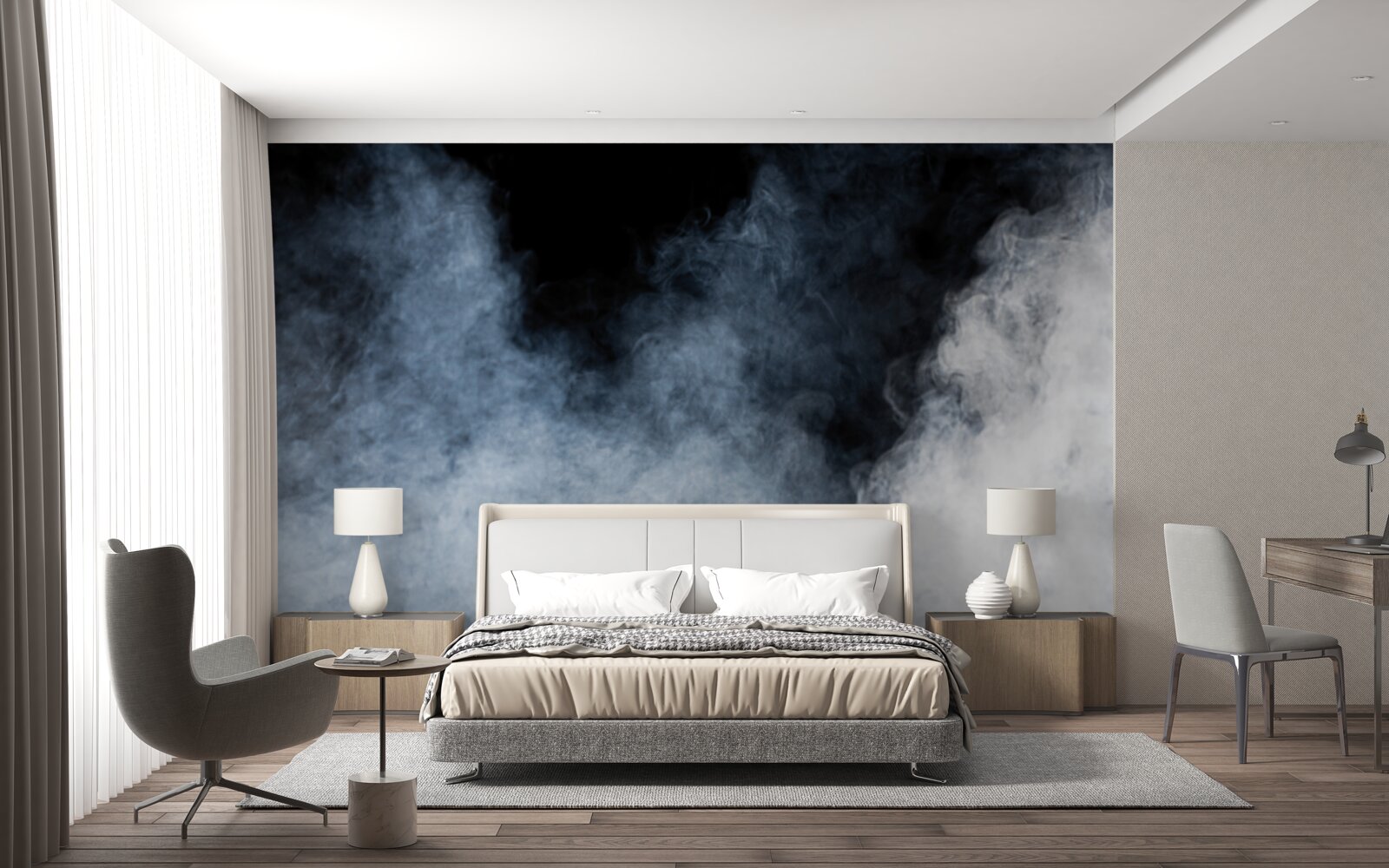 Fototapeten Dicker Nebel wurde in den Nachtwald umhüllt