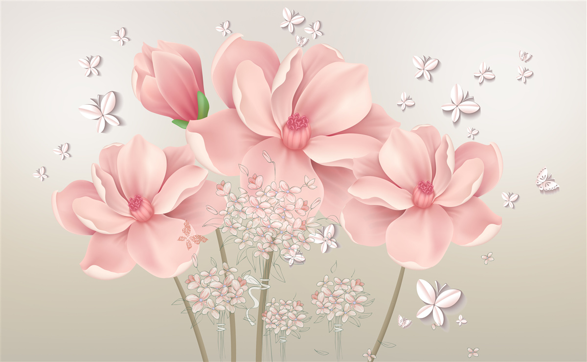 Fototapeten Weiße Schmetterlinge und rosa Blumen