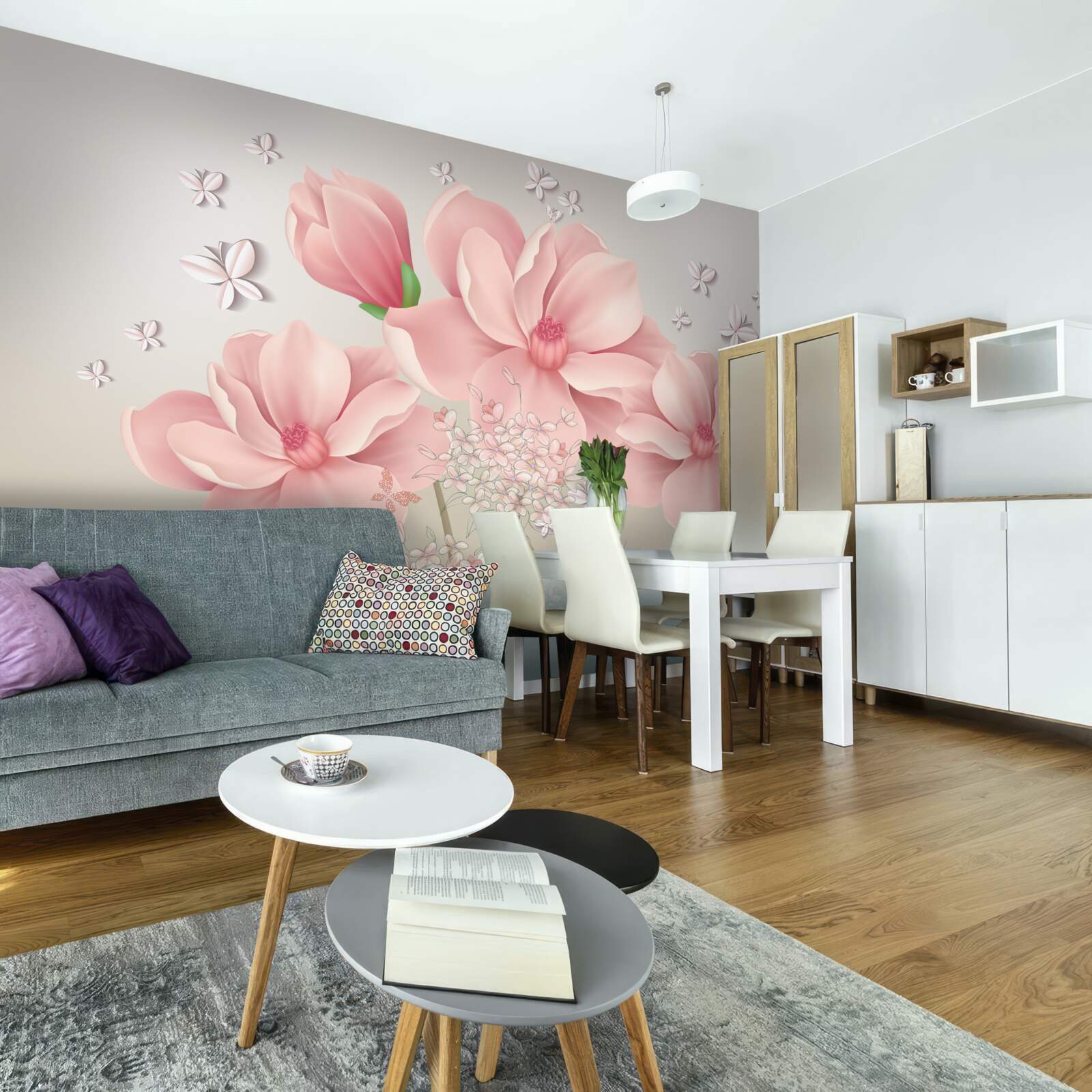 Fototapeten Weiße Schmetterlinge und rosa Blumen