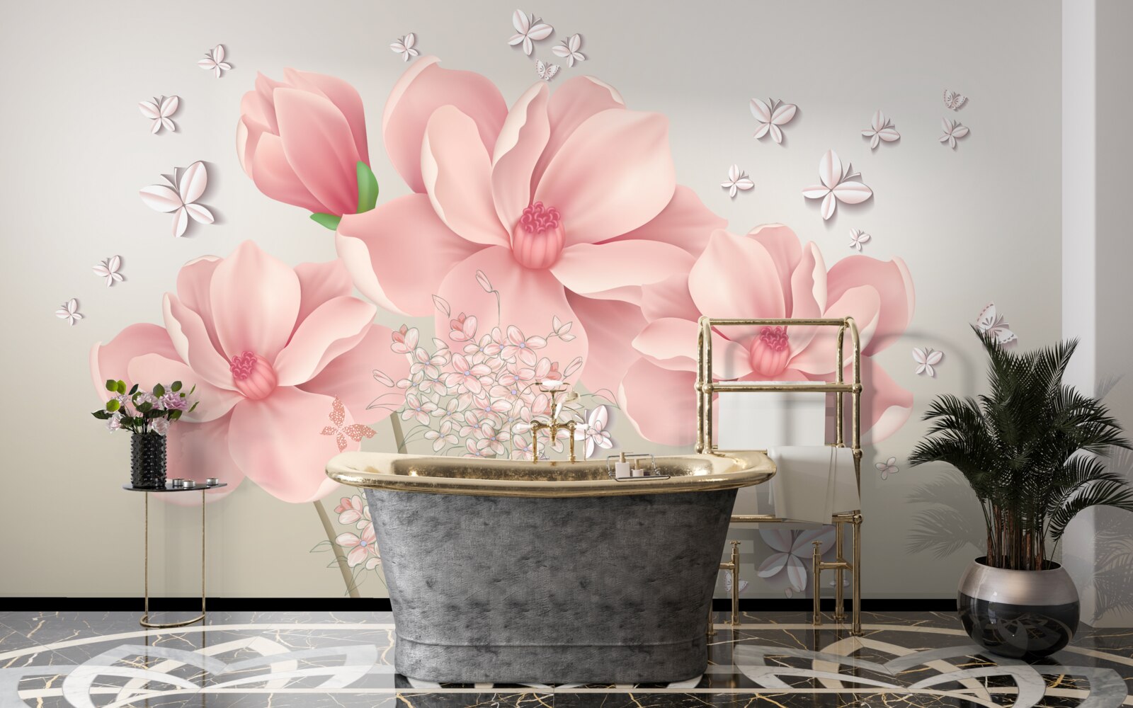 Fototapeten Weiße Schmetterlinge und rosa Blumen