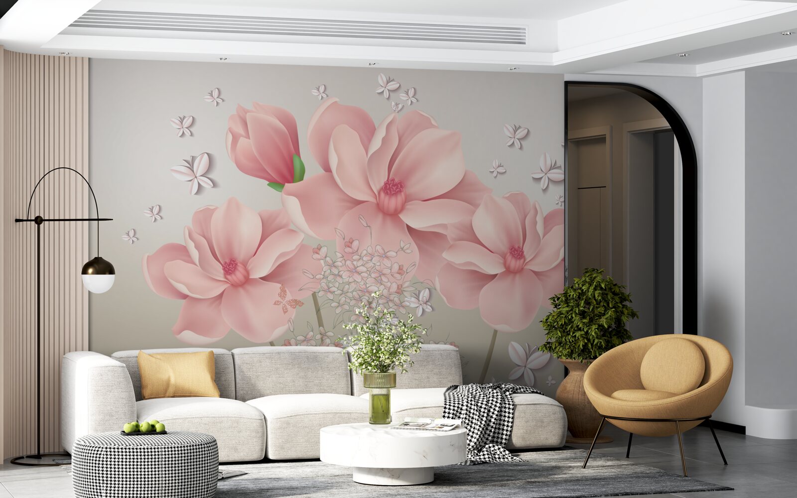 Fototapeten Weiße Schmetterlinge und rosa Blumen