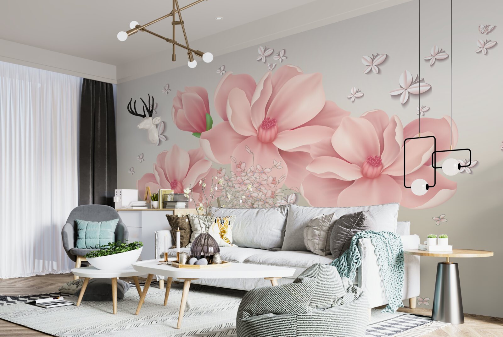 Fototapeten Weiße Schmetterlinge und rosa Blumen