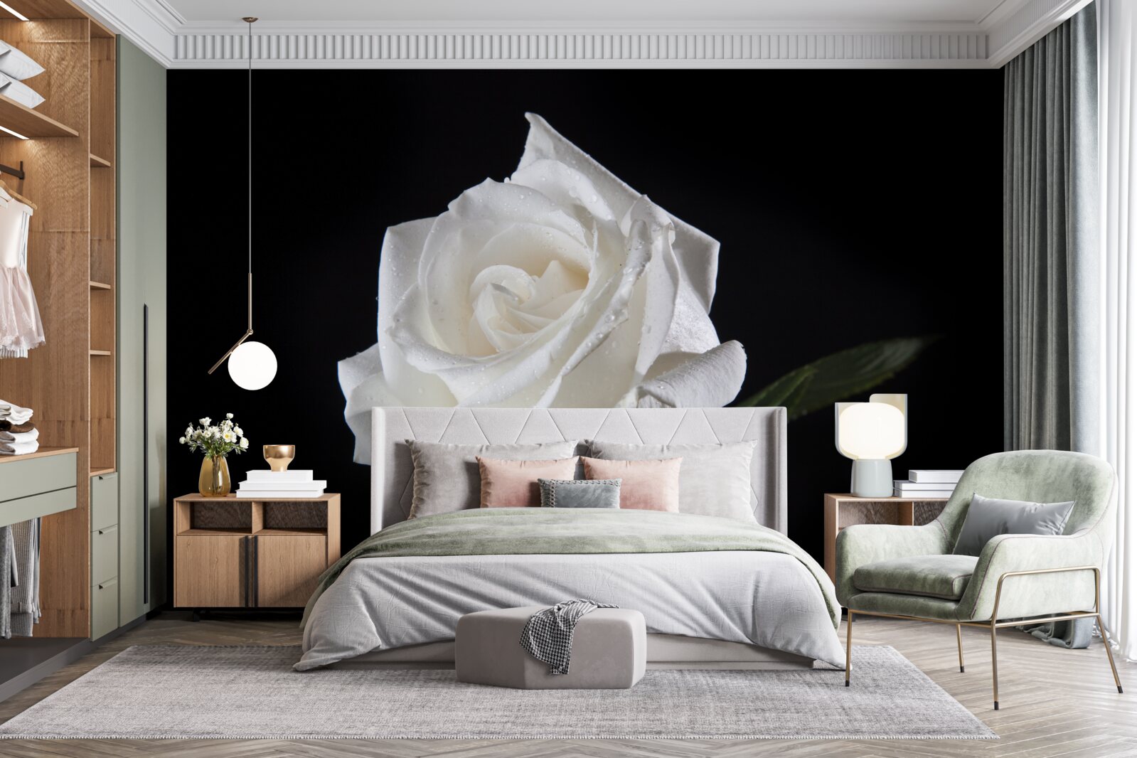Fototapeten Der schwarze Hintergrund betont das Weiß der Rose