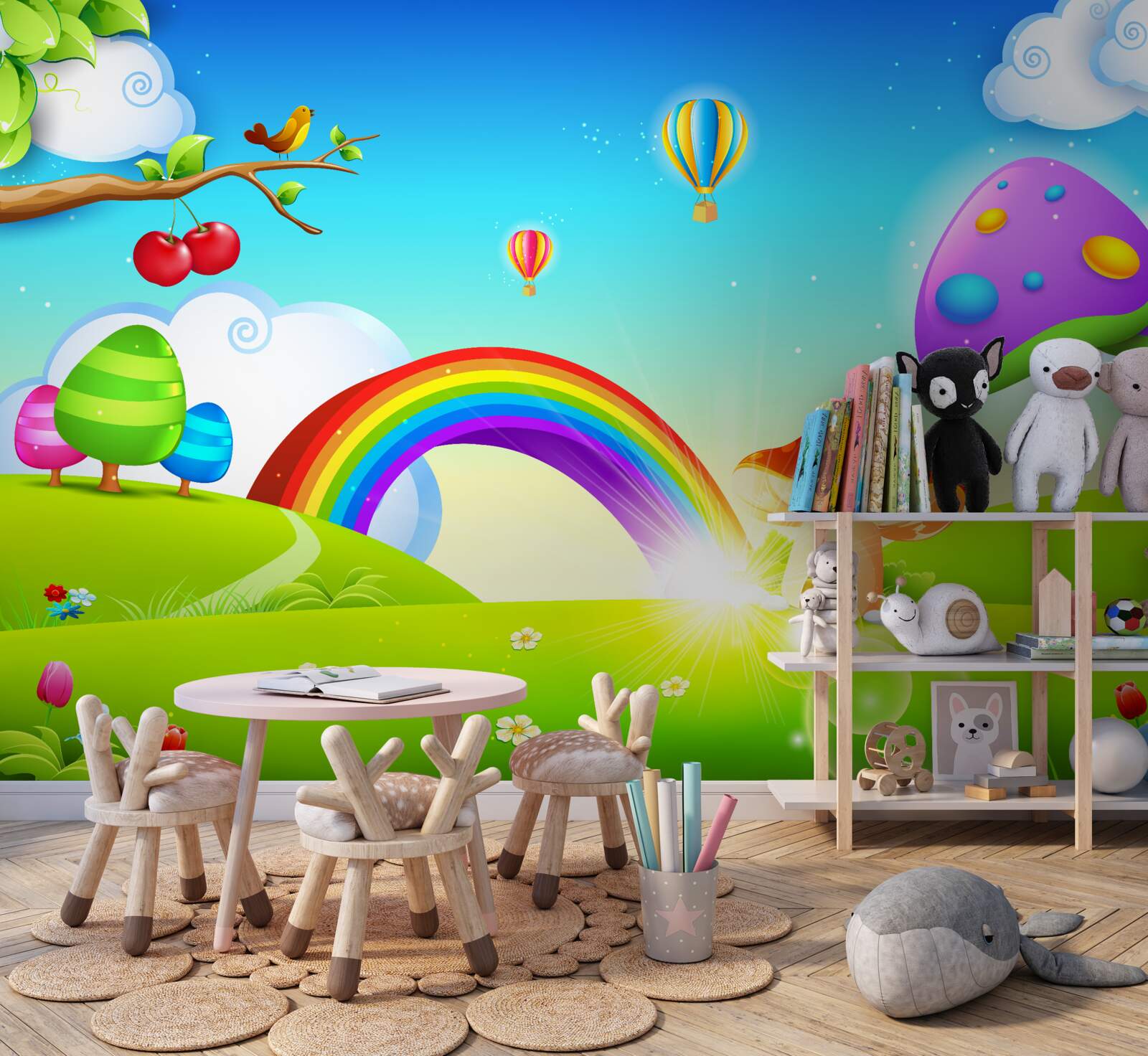 Fototapeten Fantastischer Rasen unter einem hellen Regenbogen