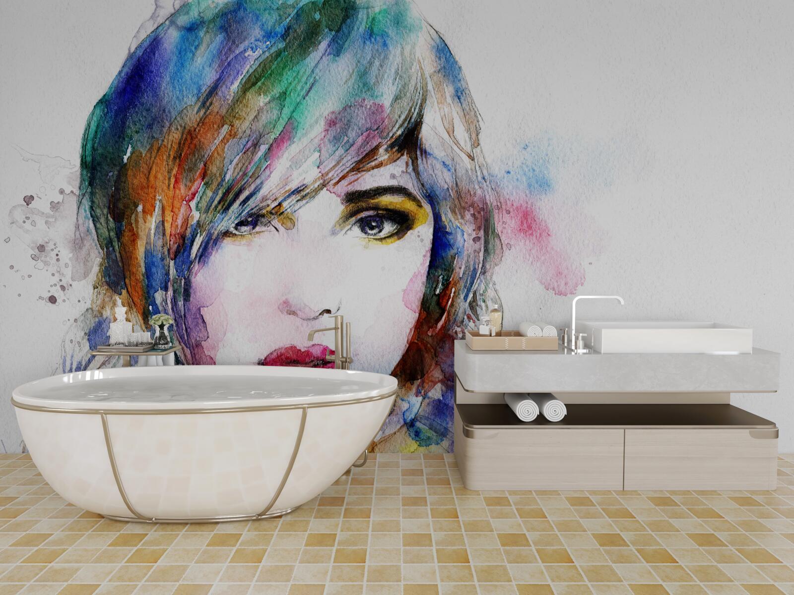 Fototapeten Das Bild eines Mädchens in hellen Aquarellfarben gemacht