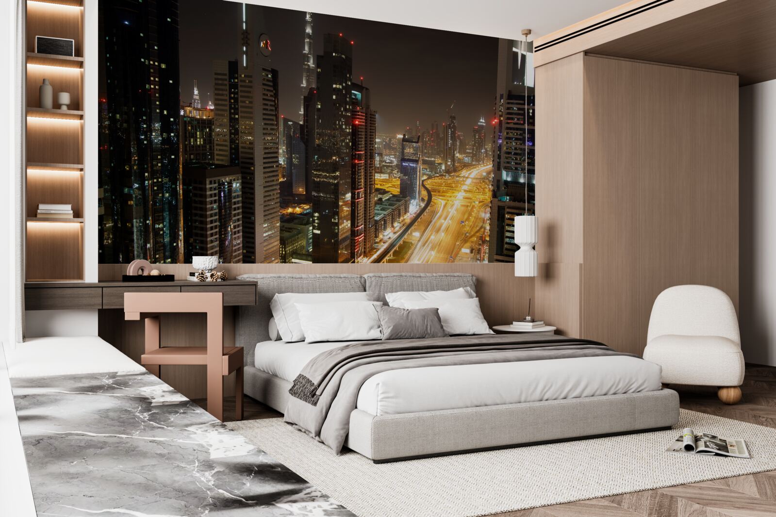 Fototapeten Die Night Avenue ist von Multi -Storey -Wohngebäuden umgeben