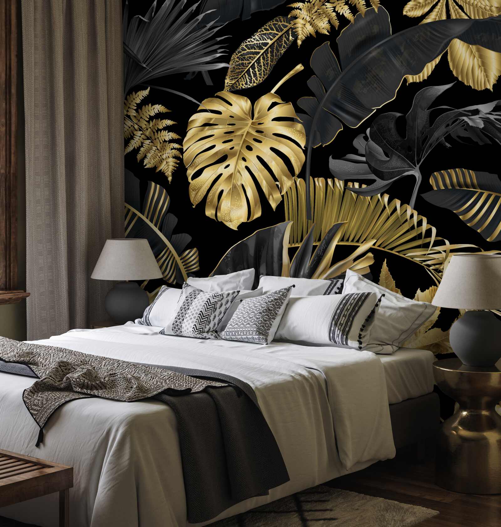 Fototapeten Tropenblätter in Schwarz und Gold