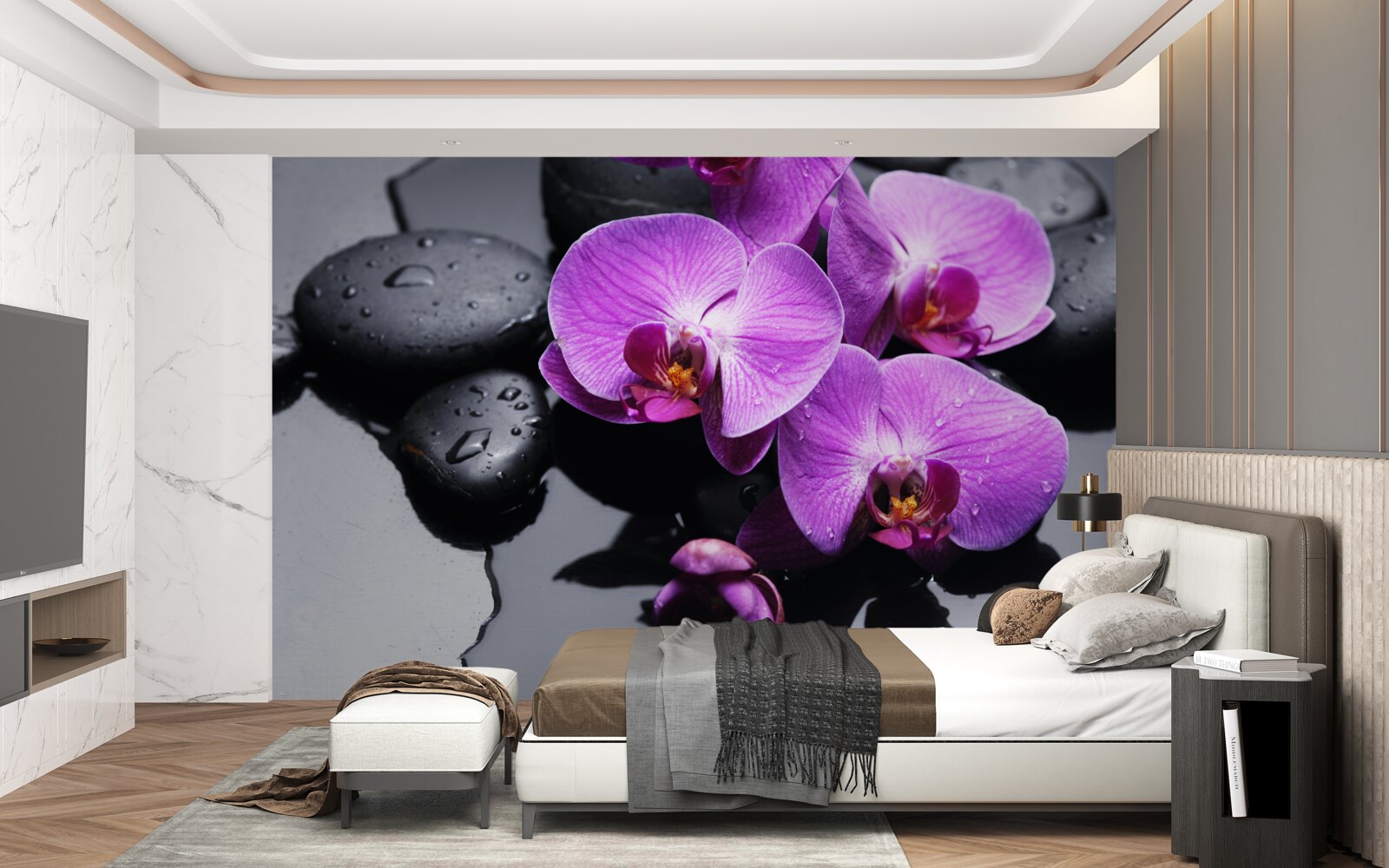 Fototapeten Violet Orchidee mit Wasser und Steinen umgeben