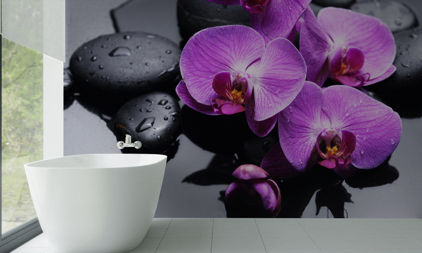 Fototapeten Violet Orchidee mit Wasser und Steinen umgeben