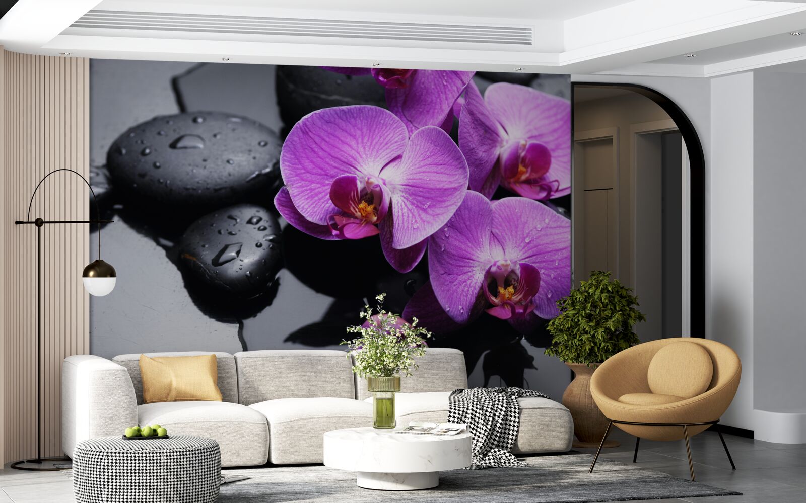Fototapeten Violet Orchidee mit Wasser und Steinen umgeben