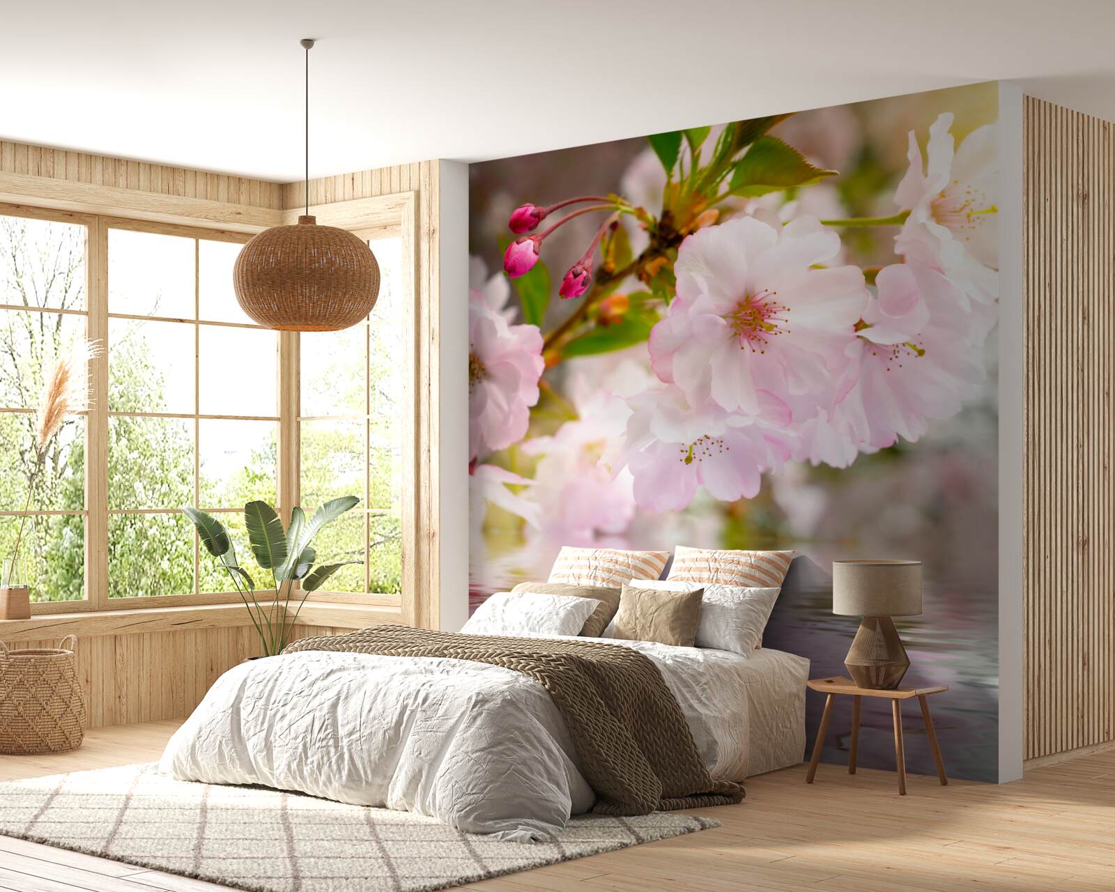 Fototapeten Kirschzweige mit rosa Blumen hängen über dem Wasser