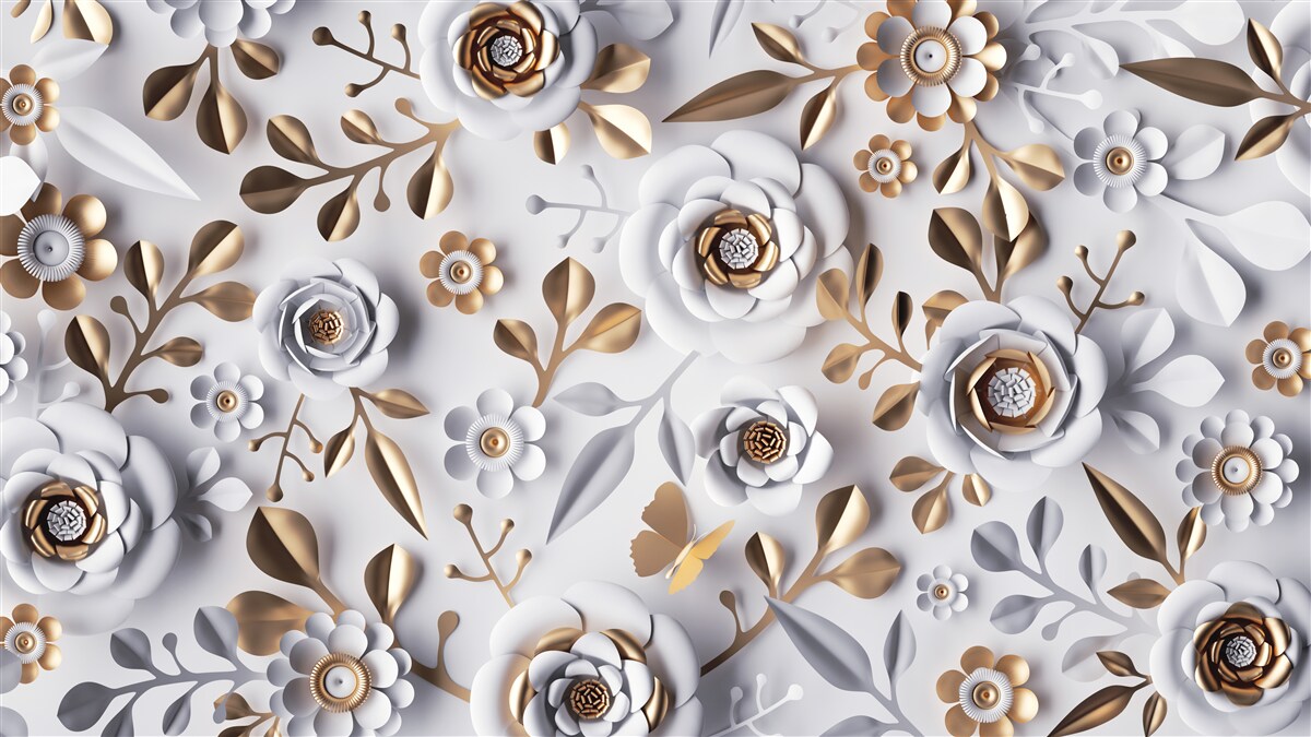 Fototapeten Goldene Blätter und weiße Blumen