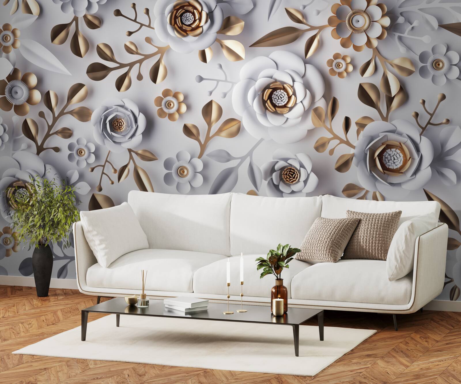 Fototapeten Goldene Blätter und weiße Blumen