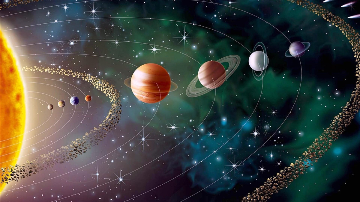 Fototapeten Weltraumzüge der Planeten vor dem Stern