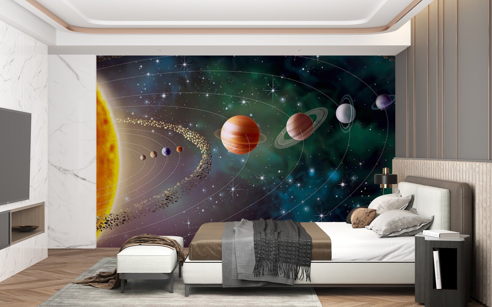 Fototapeten Weltraumzüge der Planeten vor dem Stern