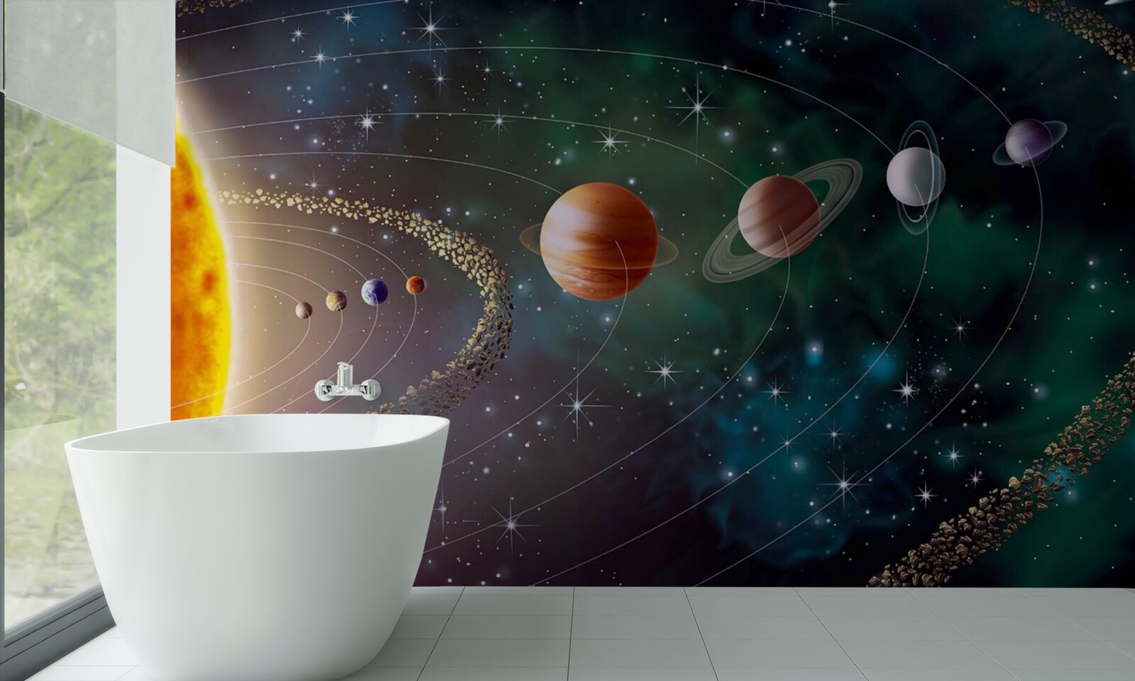 Fototapeten Weltraumzüge der Planeten vor dem Stern