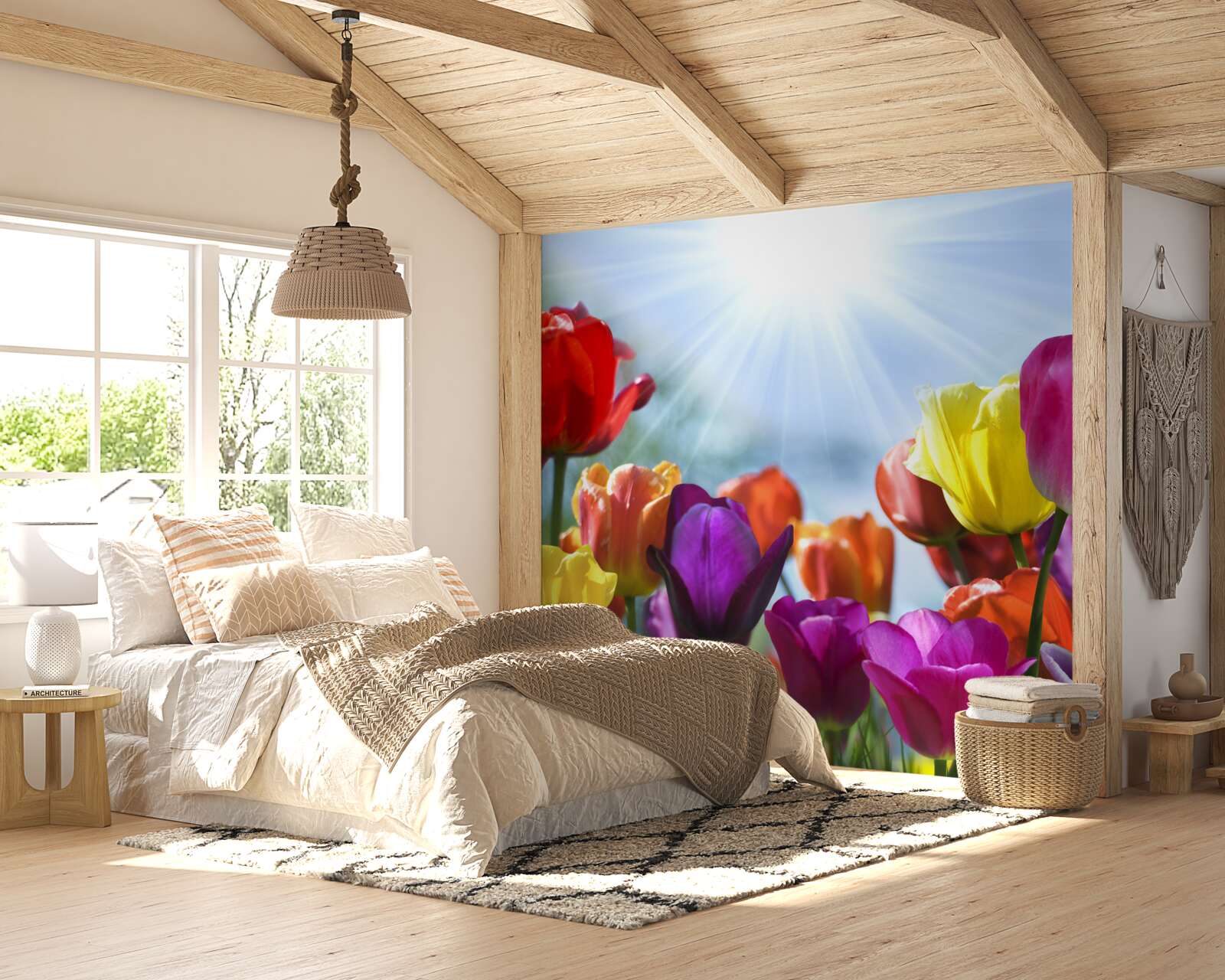 Fototapeten Tulpen in verschiedenen Farben in der Sonne