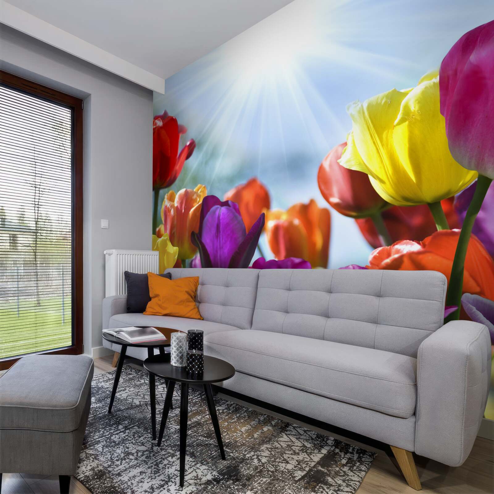 Fototapeten Tulpen in verschiedenen Farben in der Sonne