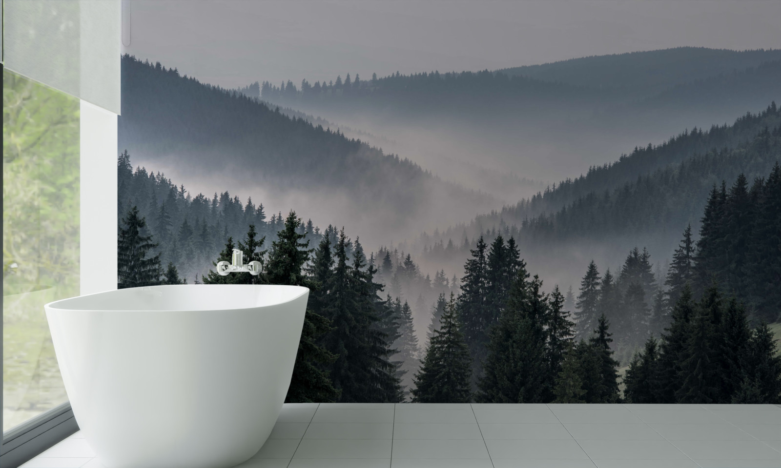 Fototapeten Der Nadelwald ist unter der Deckung des dichten Nebel versteckt