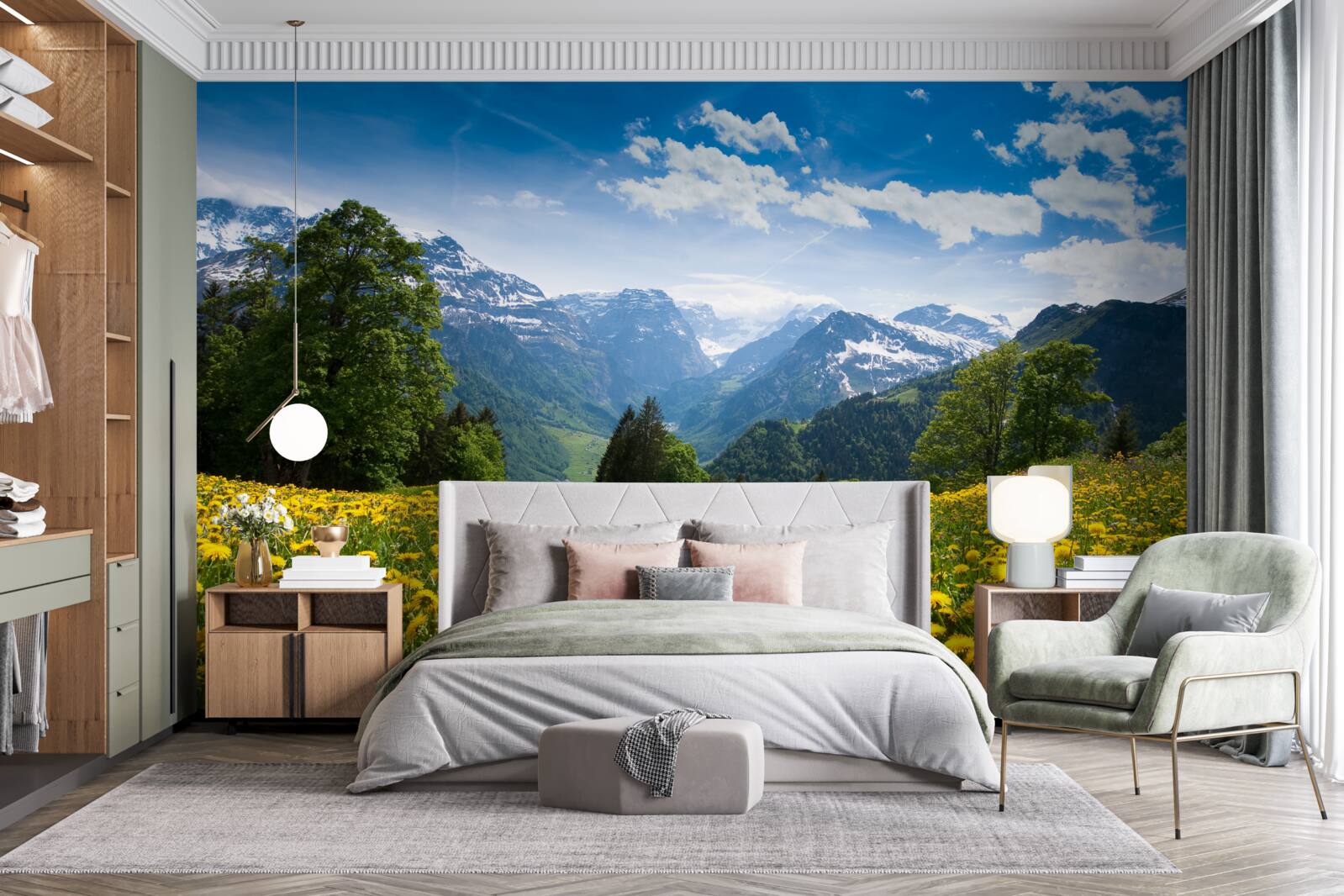 Fototapeten Berglandschaft mit einem Feld mit Mohnblumen, die mit gelber Milch verziert sind