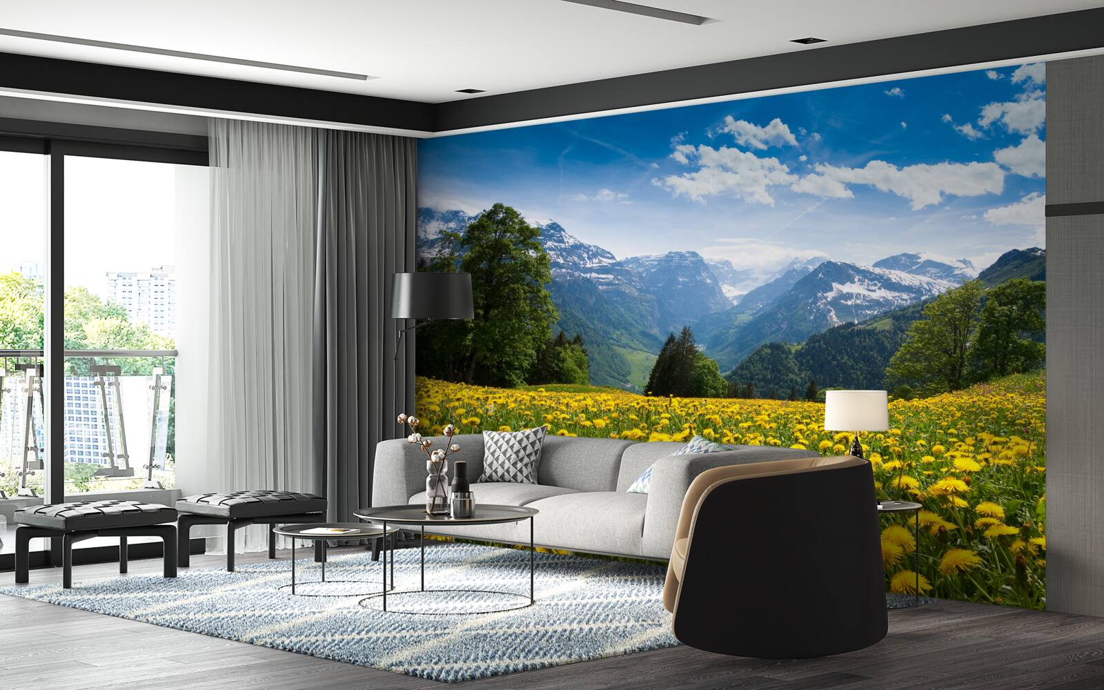 Fototapeten Berglandschaft mit einem Feld mit Mohnblumen, die mit gelber Milch verziert sind