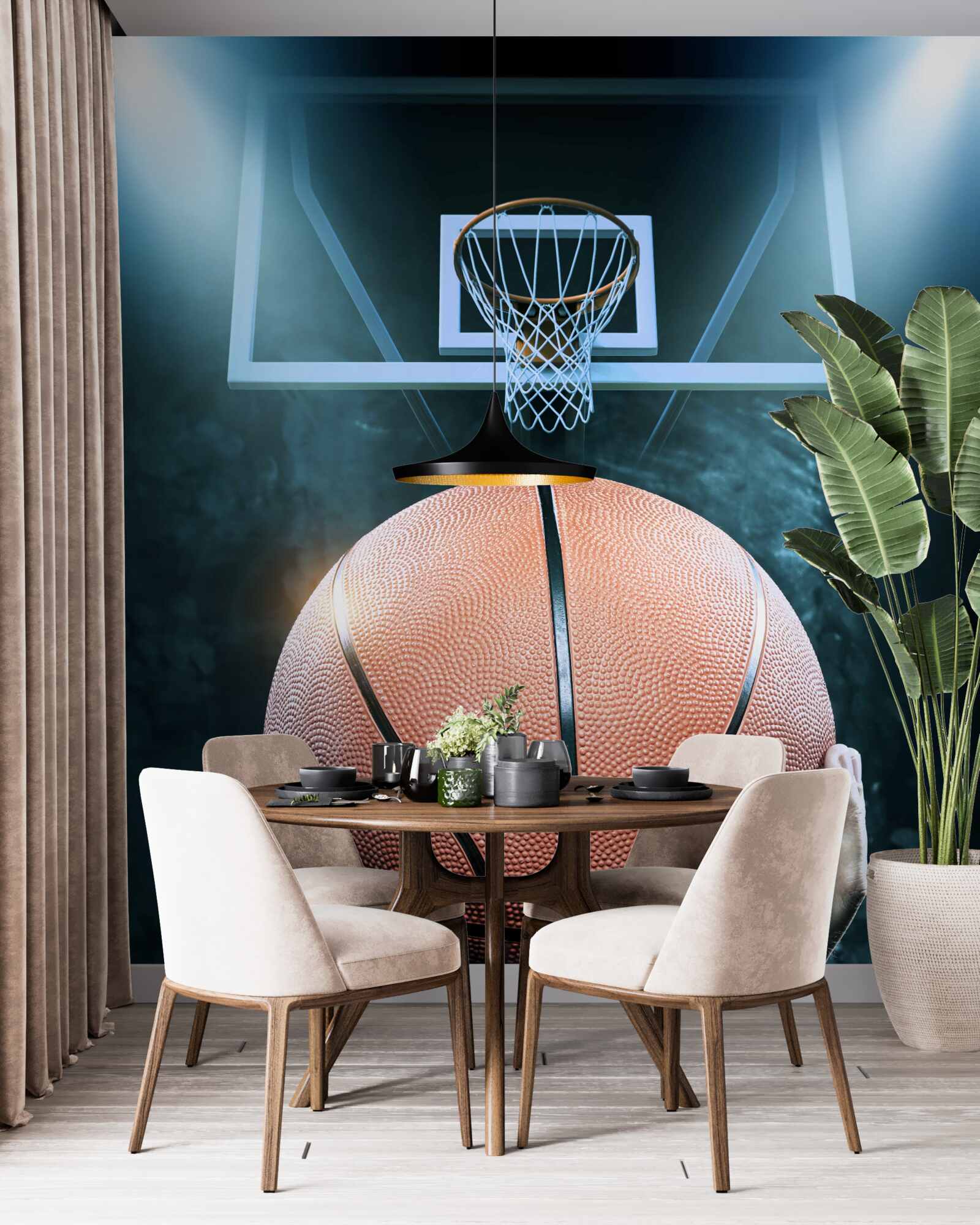 Fototapeten Im Hintergrund des Randes hält ein Basketballball in seinen Händen