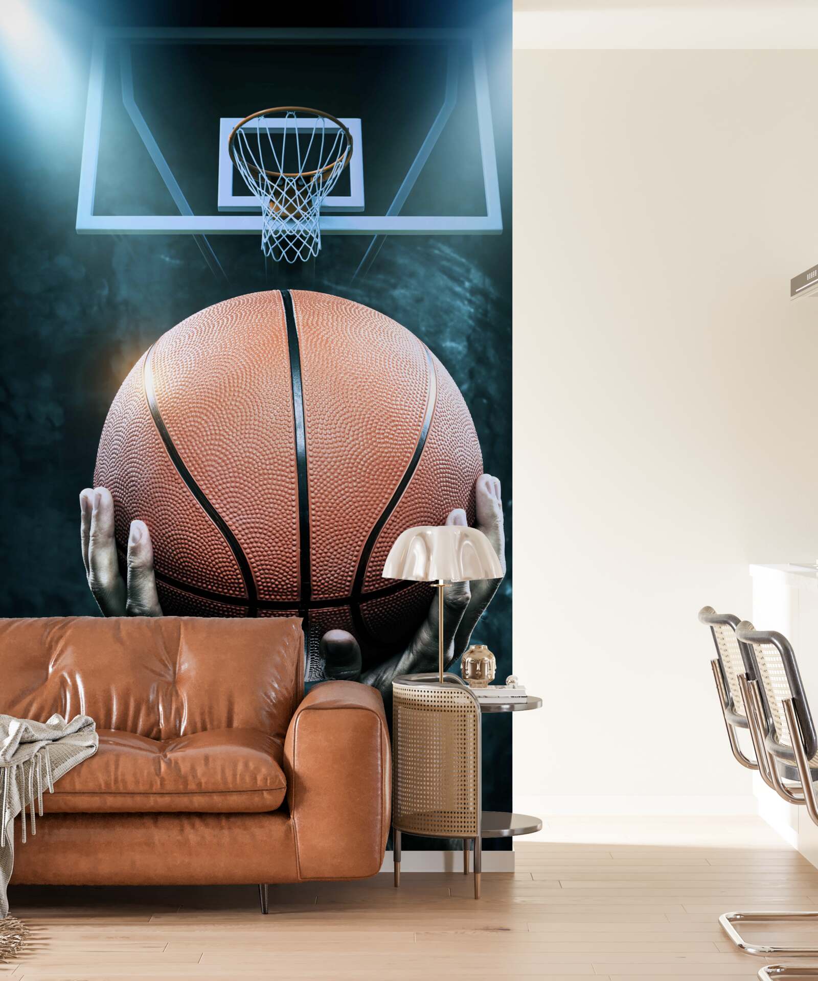 Fototapeten Im Hintergrund des Randes hält ein Basketballball in seinen Händen