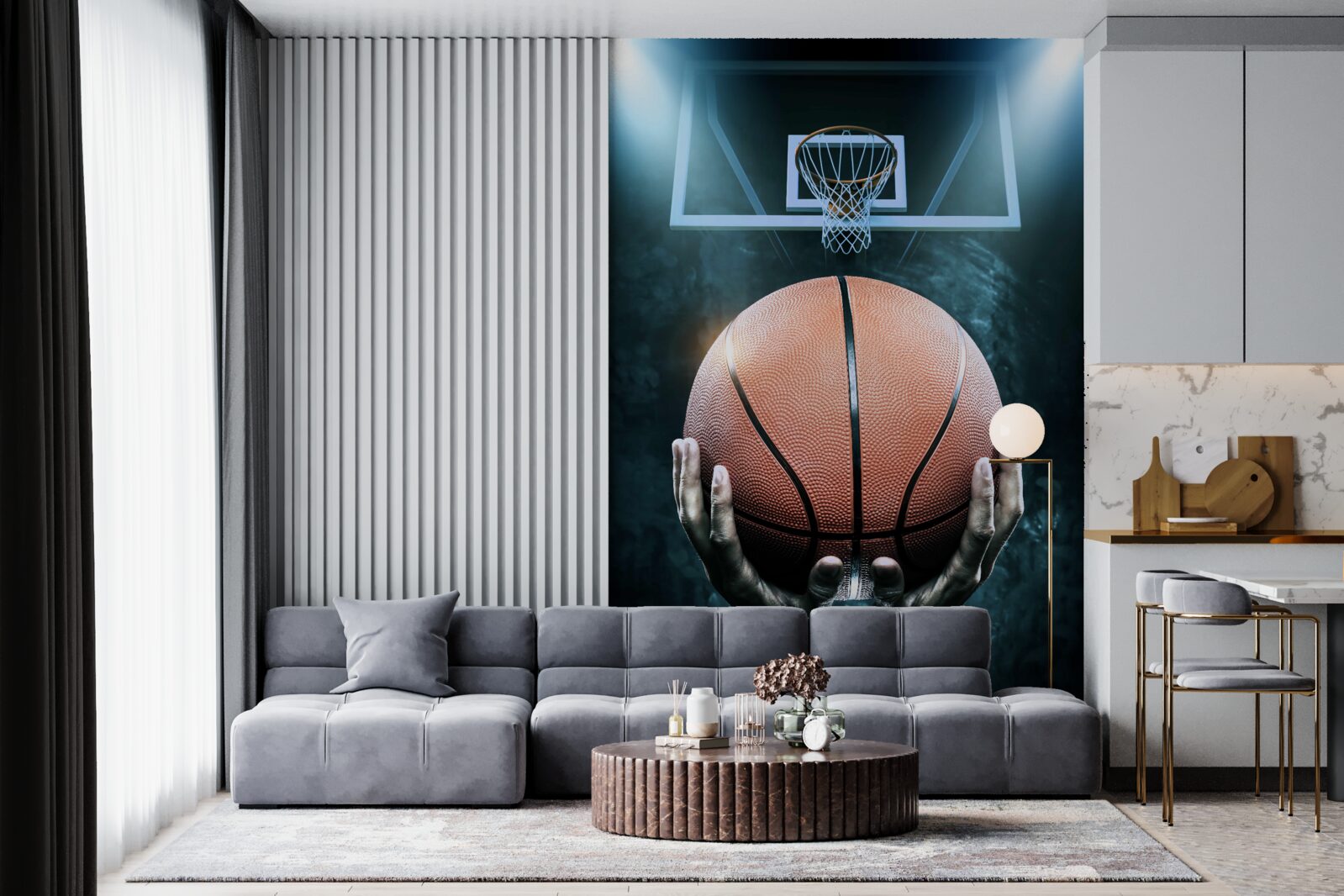 Fototapeten Im Hintergrund des Randes hält ein Basketballball in seinen Händen