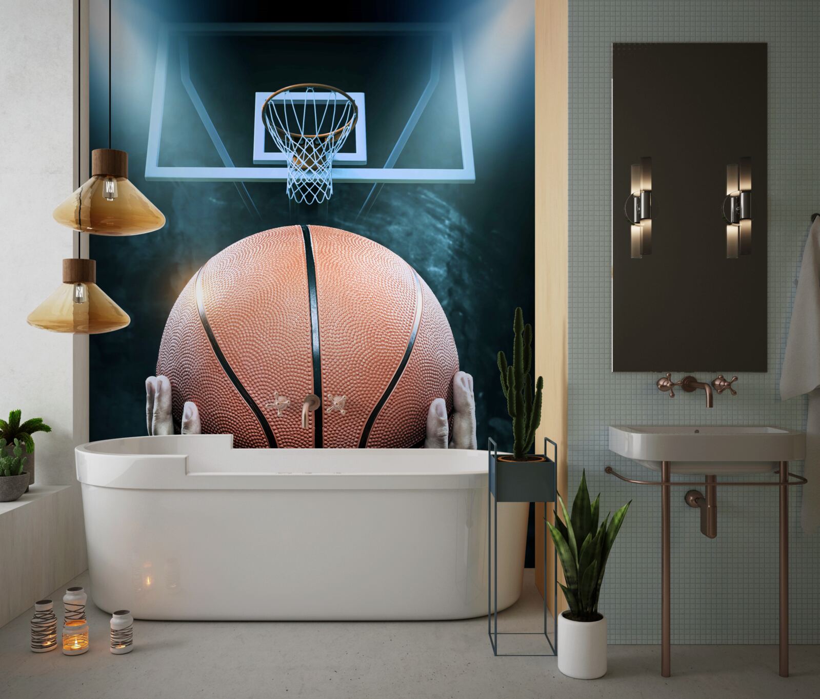 Fototapeten Im Hintergrund des Randes hält ein Basketballball in seinen Händen